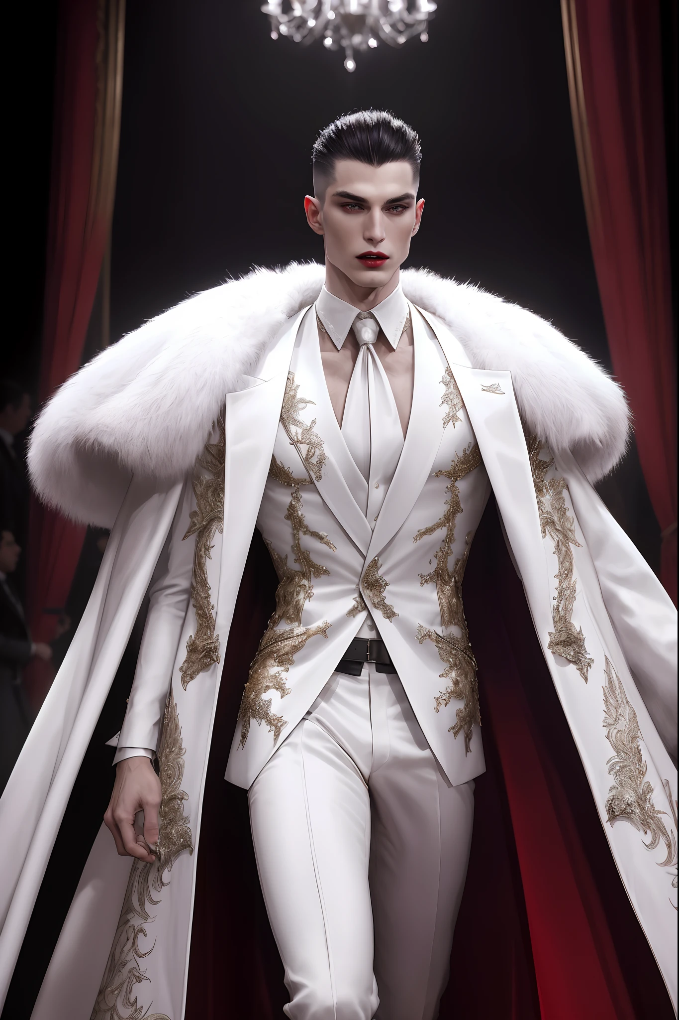 (absurdres, highres, ultra detailed), extremely extravagant Vampire male runway model fashion show, perfectly drawn face, wearing white luxury Vampire fur menswear, epic, full body photo, cinematic lighting, intricate details, model runway background, perfect lighting, approaching perfection, 8k resolution