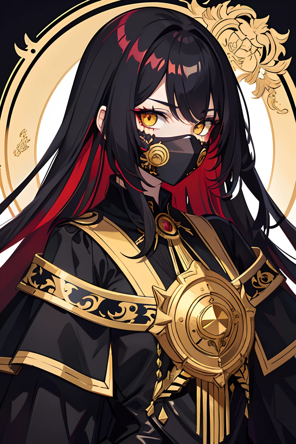 Original Character,girl,red hair,yellow eyes,long hair, intricate black face mask, black dress, hair over eye, war general, {best quality}}, {{masterpiece}}, {{ultra-detailed}}, {illustration}, {detailed light},