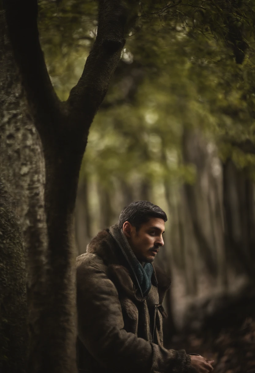 Obra prima, alta qualidade, homem jovem, grisalho, floresta na paisagem