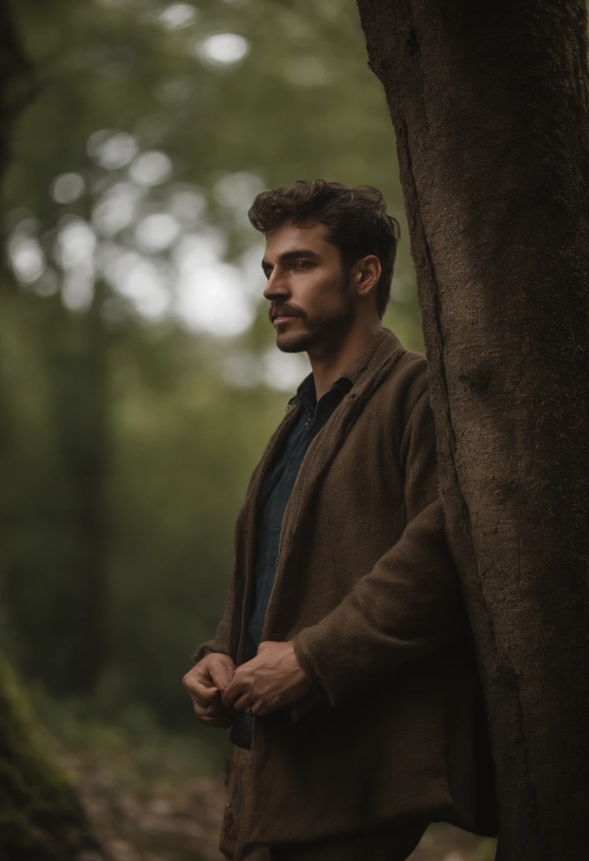 Obra prima, alta qualidade, homem jovem, grisalho, floresta na paisagem