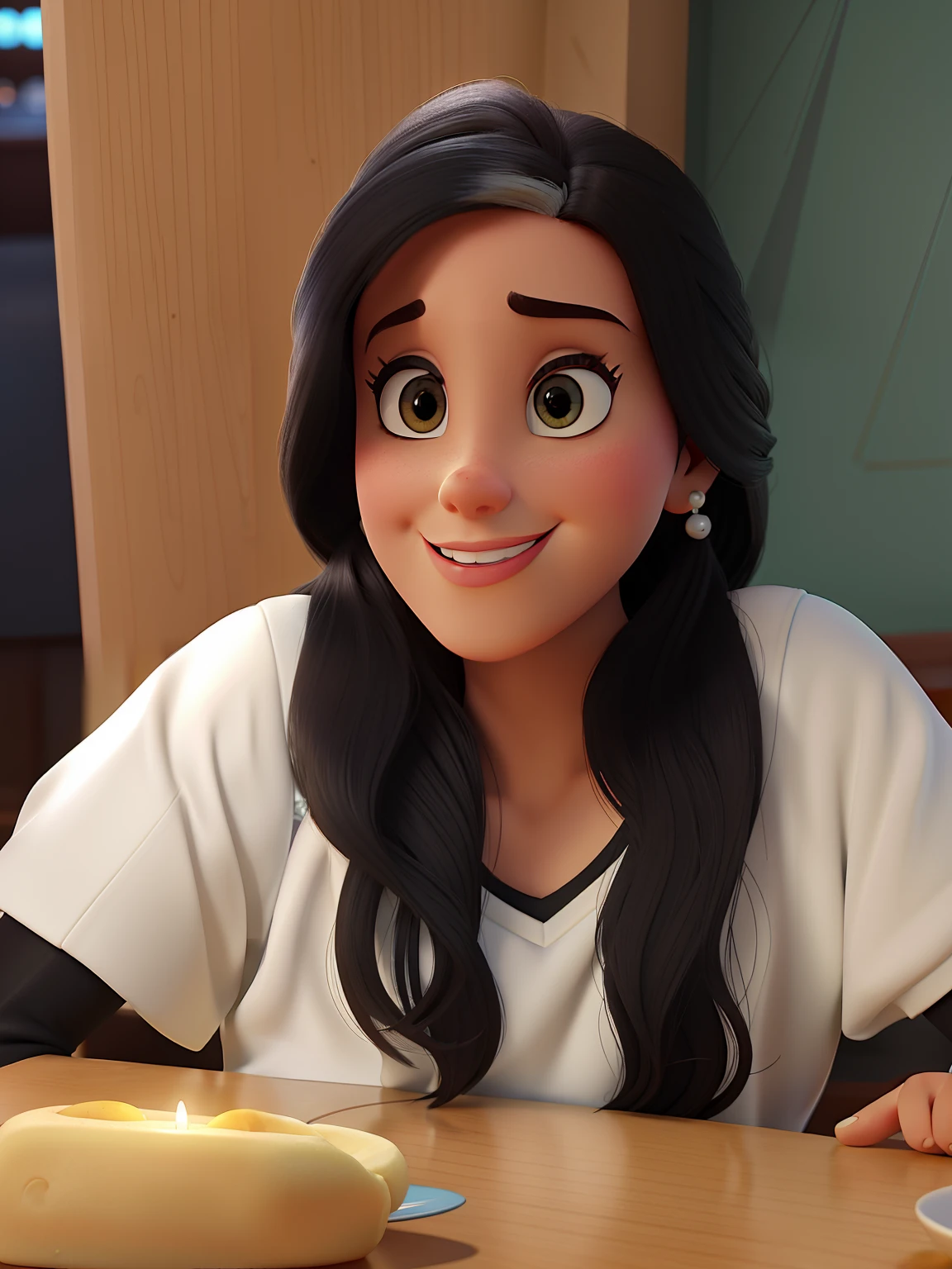 Poster no estilo Disney pixar, alta qualidade, melhor qualidade, mulher sexy branco, 30 anos cabelo preto, com fundo em um restaurante a luz de velas