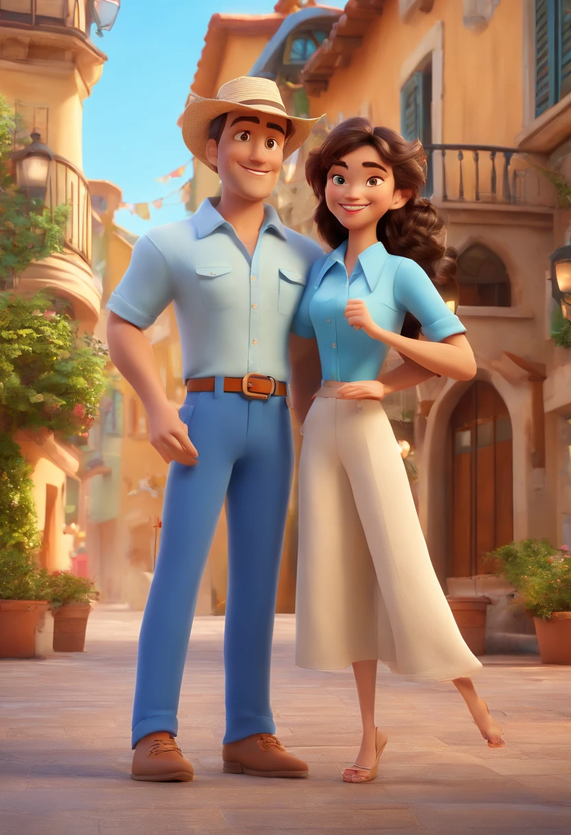 Cartoon of couple together having fun on vacation together, 3D Animation Movie Poster, Poster de filme animado, pixar 3 d animation style, pixar renderman rendering, maia 8 mil, animated film, Disney Pixar Estilo 3D, casal saem juntos, He wearing a light blue shirt and cream brown long pants, He dressed light blue midi, ao ar livre, vacation, Disney Pixar Animation Poster