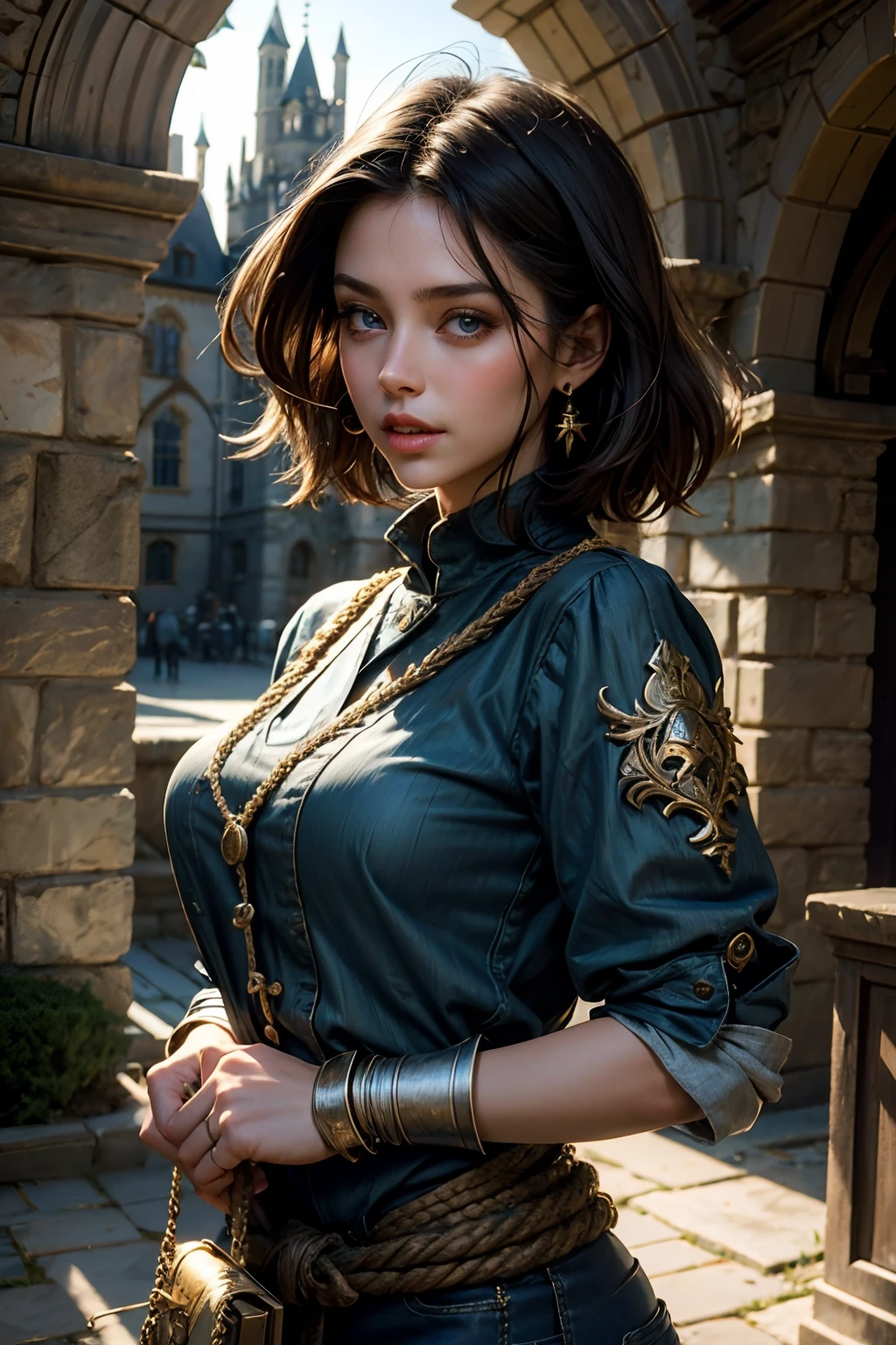 [Beautiful girl in medieval outfit, cheap ripped linen shirt and pants, oil painting, Detailed facial features, dark short hair, big breastes, castle on the background, Sun light, bright colours, dramatic  lighting, expressive eyes and lips, High Resolution, 4K quality, Photorealistic], Rope Binds Hands, There is a gag in the mouth.