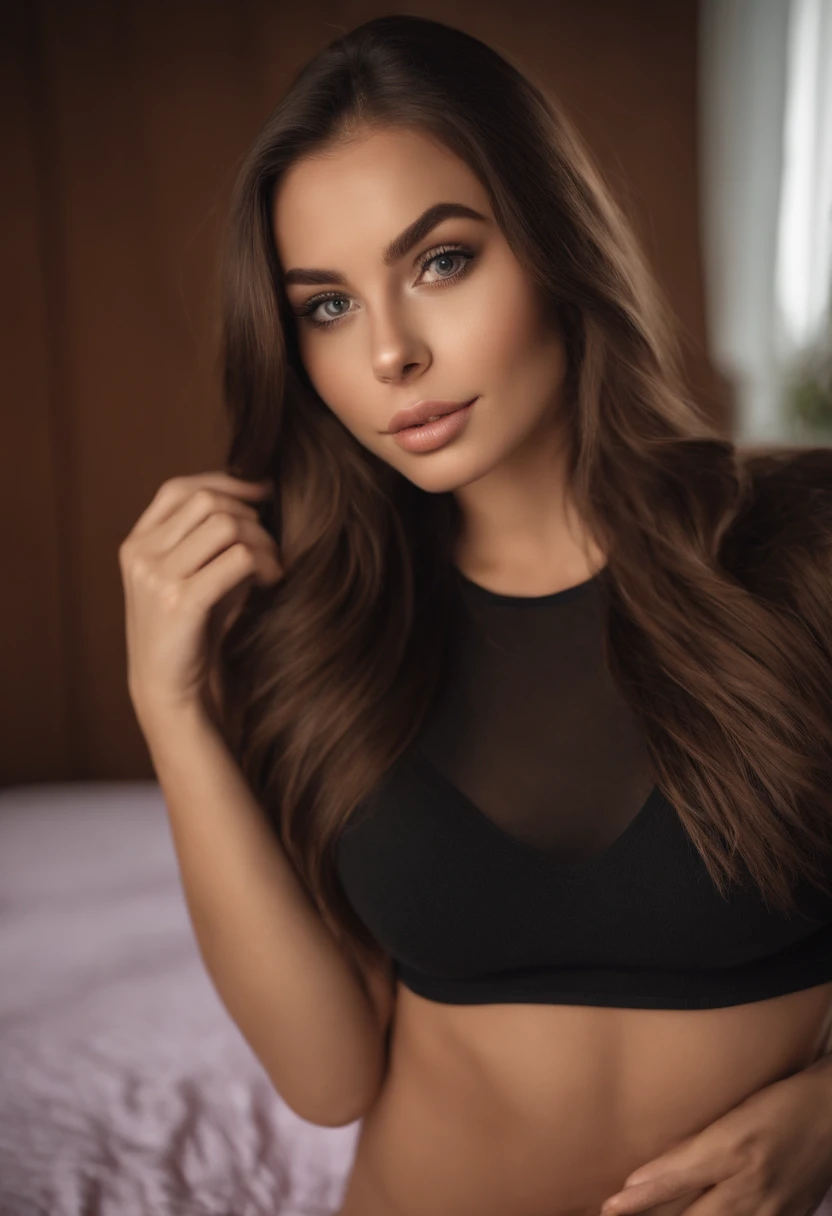 arafed woman with matching tank top and panties, sexy girl with brown eyes, portrait sophie mudd, brown hair and large eyes, selfie of a young woman, bedroom eyes, violet myers, without makeup, natural makeup, looking directly at the camera, face with artgram, subtle makeup, stunning full body shot, in bedroom, big cleavage