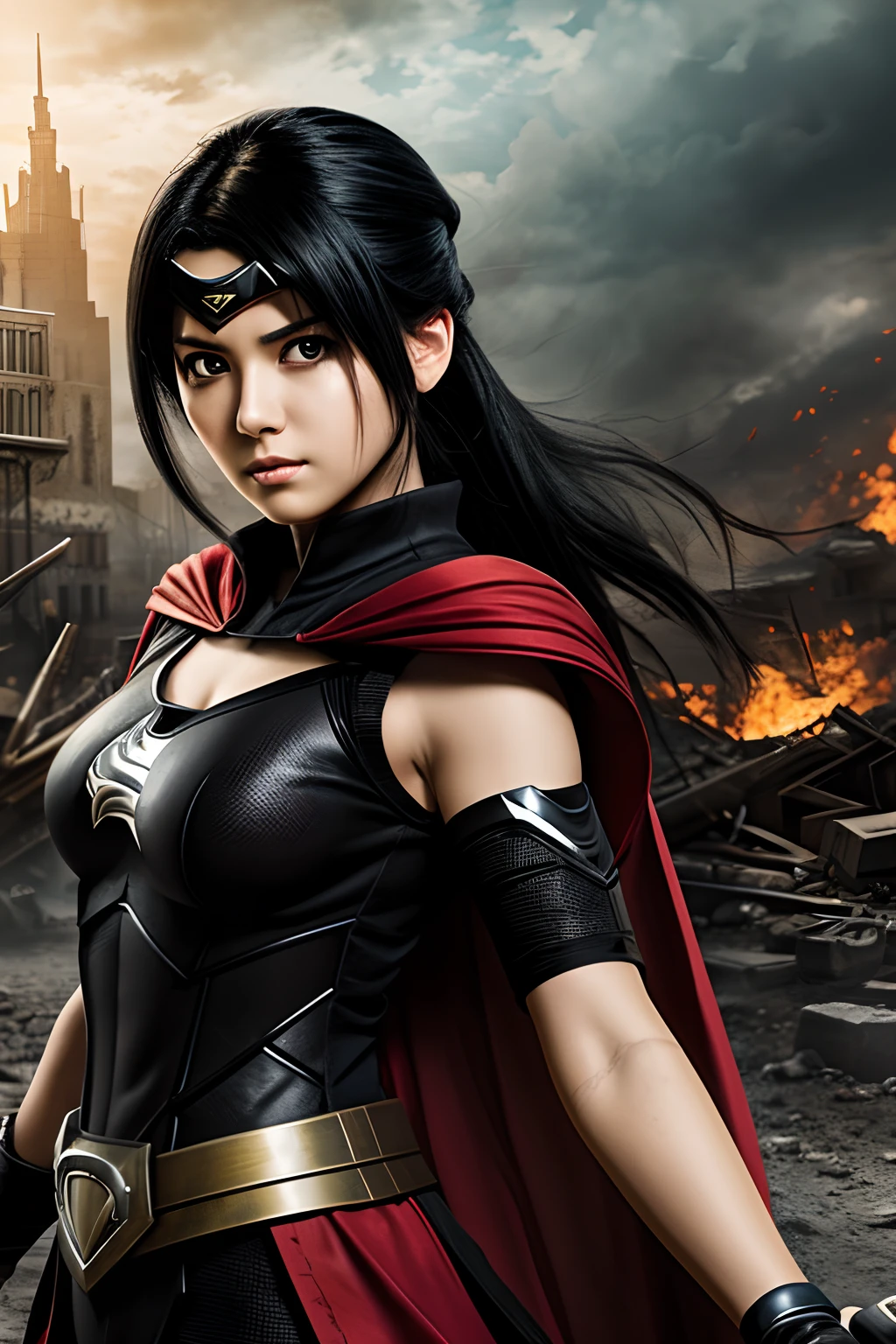 portrait of a heroine in manga style, black hair, typical defense pose holding a sword, superhero uniform, post apocalyptic background