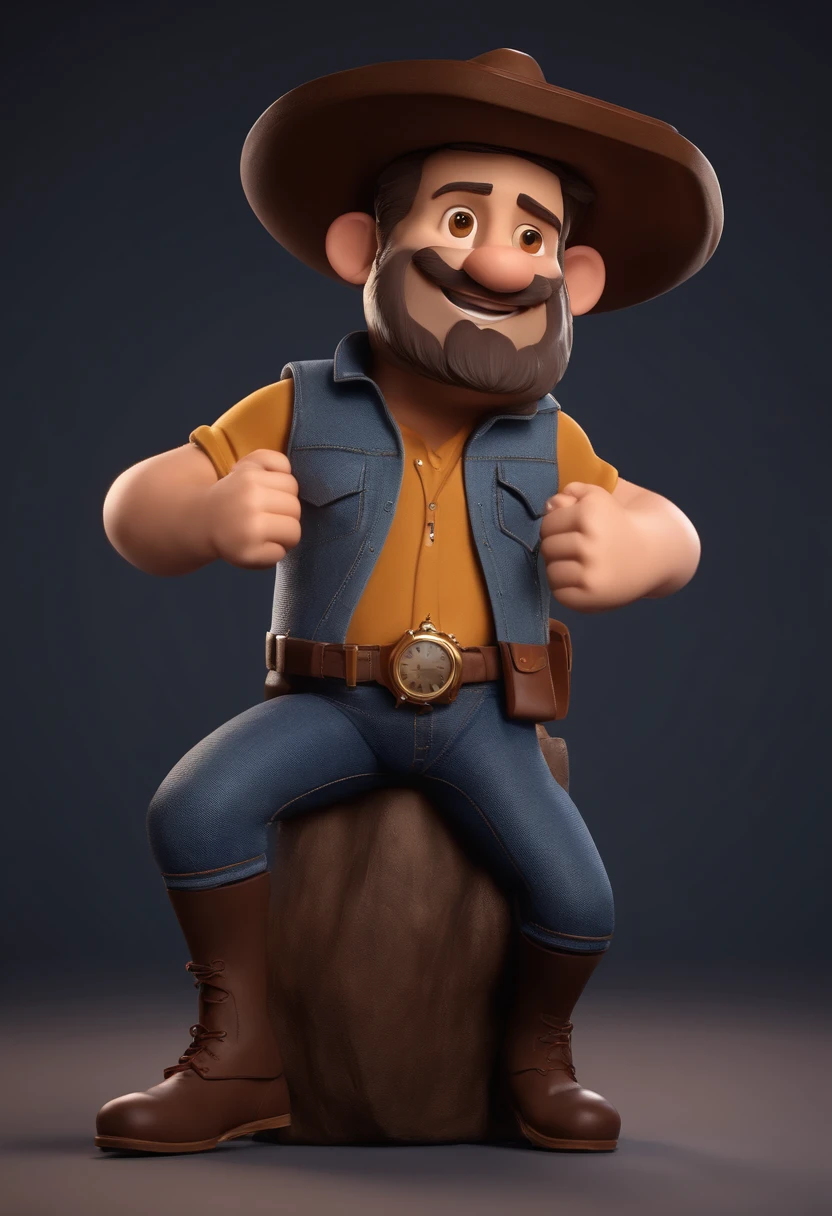 Personagem de desenho animado de um homem de 30 anos, barba escura grande, cabelo curto vestindo uma camisa preta, Denim Jeans Pants, um colar dourado com uma pequena cruz, Golden watch with serious face , 3D sorridente, Personagem 3D, 3d rendering stylized, 3 d character render, personagem de desenho animado, Personagem de close up, Pose de personagem, (Estilo Pixar) (master part:1.2) (Bokeh) (best quality) (pele detalhada) (textura detalhada) (8k) (argila) (Cinematic lighting) (foco nítido,Senta e vaza a parte superior do corpo