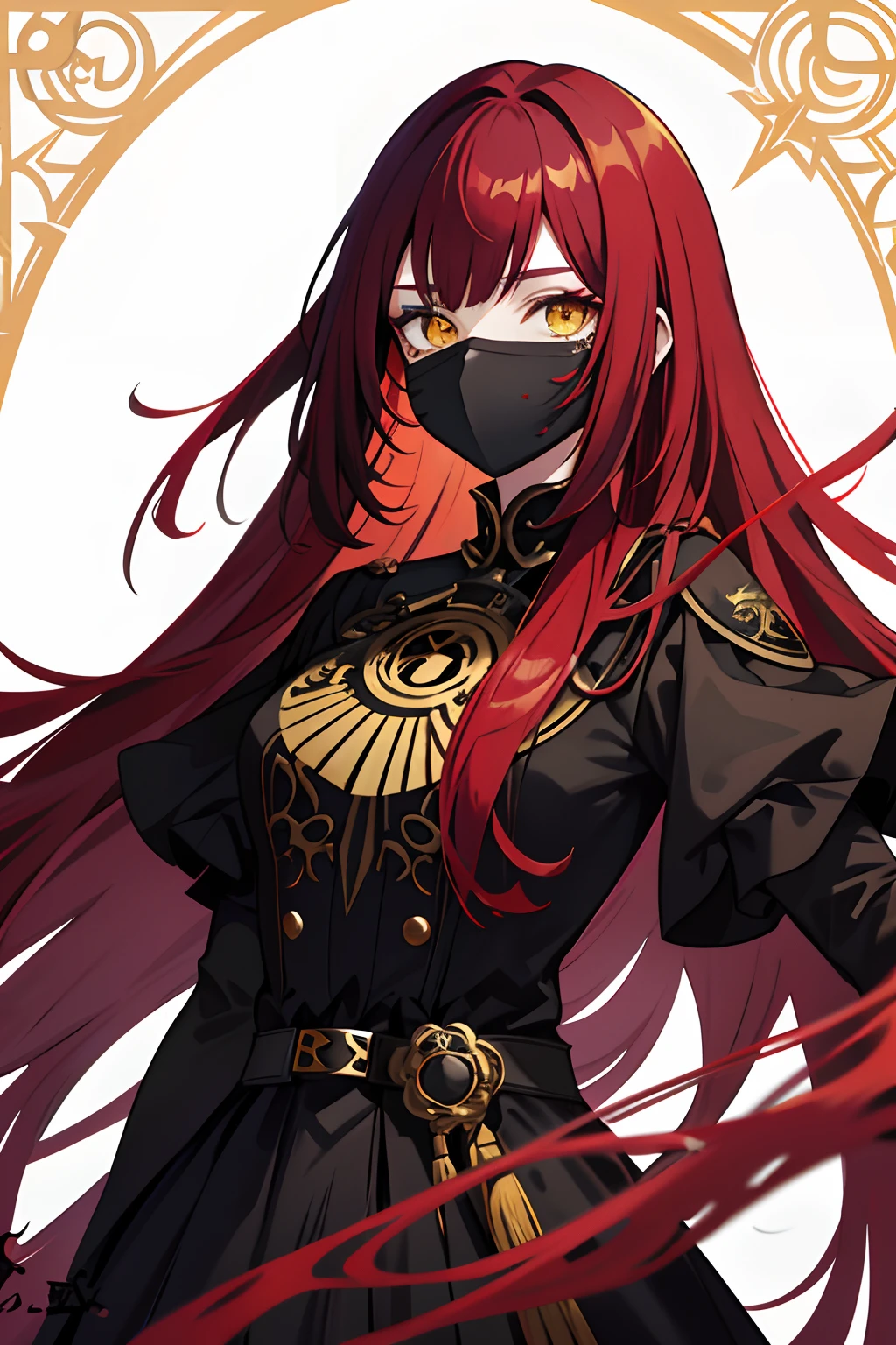 Original Character,girl,red hair, black highlights,yellow eyes,long hair, intricate black face mask, black dress, hair over eye, war general, {best quality}}, {{masterpiece}}, {{ultra-detailed}}, {illustration}, {detailed light},