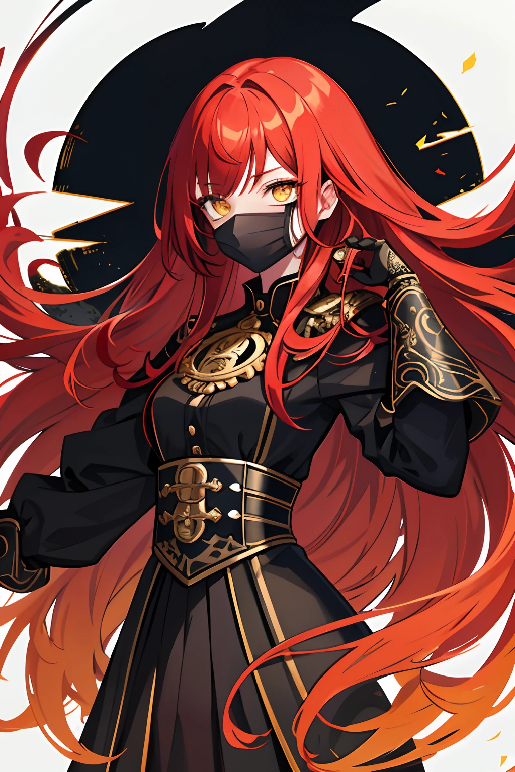 Original Character,girl,red hair, black highlights,yellow eyes,long hair, intricate black face mask, black dress, hair over eye, war general, {best quality}}, {{masterpiece}}, {{ultra-detailed}}, {illustration}, {detailed light},