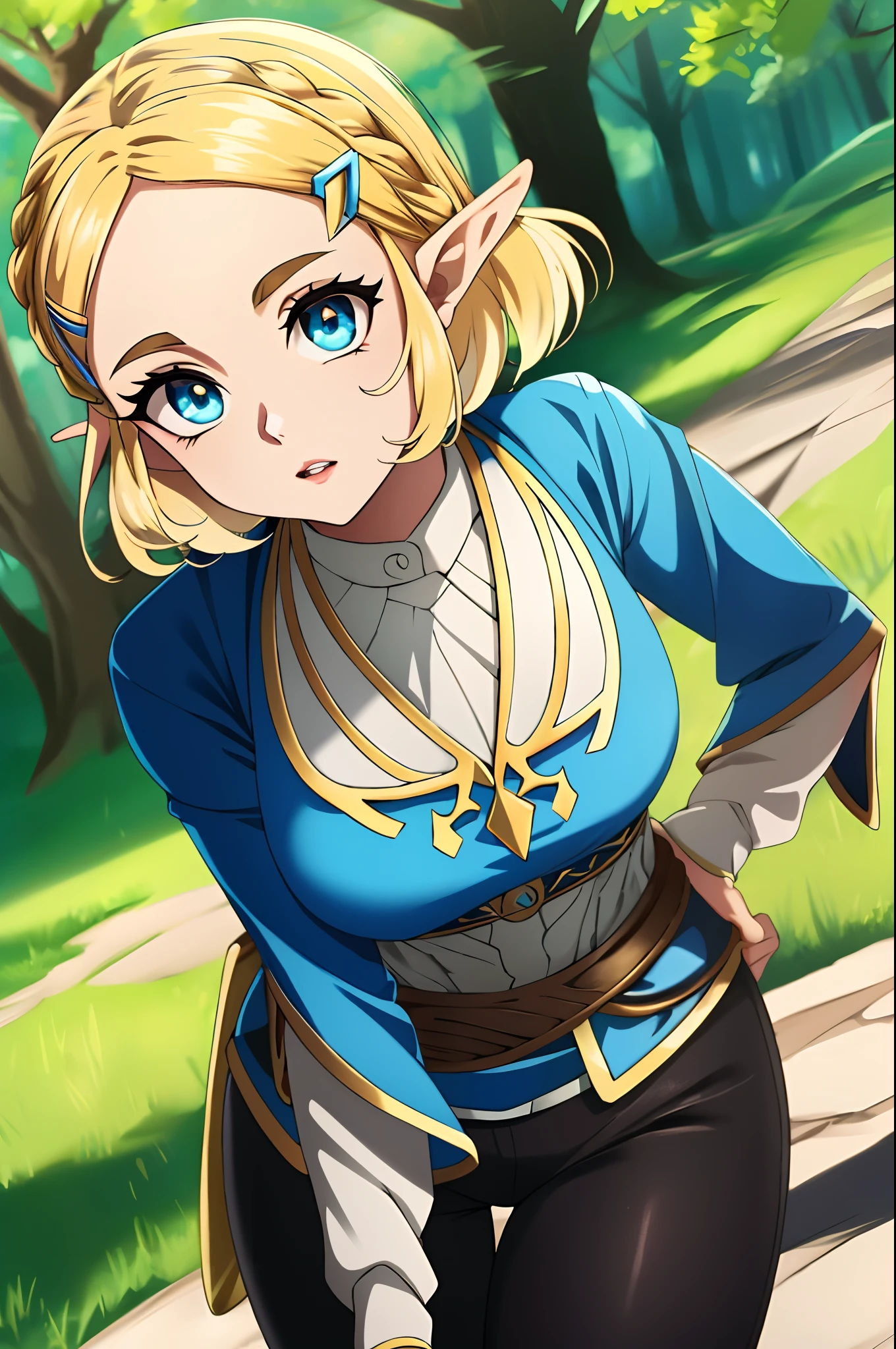 best quality, olhos expressivos, rosto perfeito, short hair, blonde girl, Onze, Zelda Princesa, roupas de princesa zelda, A Lenda de Zelda, Totk, black pants,