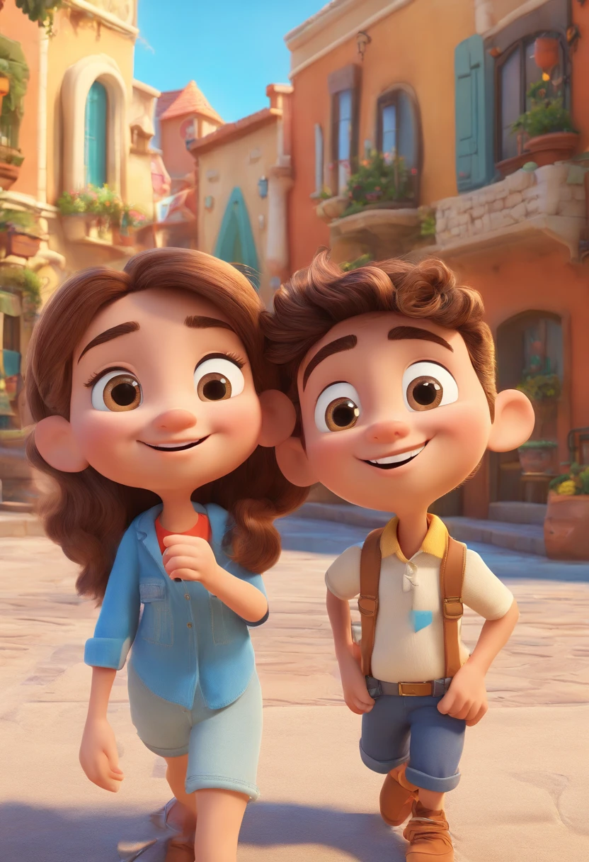 Cartoon of friends having fun on vacation together, 3D Animation Movie Poster, Poster de filme animado, pixar 3 d animation style, pixar renderman rendering, maia 8 mil, animated film, Disney Pixar Estilo 3D, amigos felizes saem juntos, all wearing light blue shirts and cream brown long pants, camisa azul clara, cream brown pants, ao ar livre, vacation, Disney Pixar Animation Poster