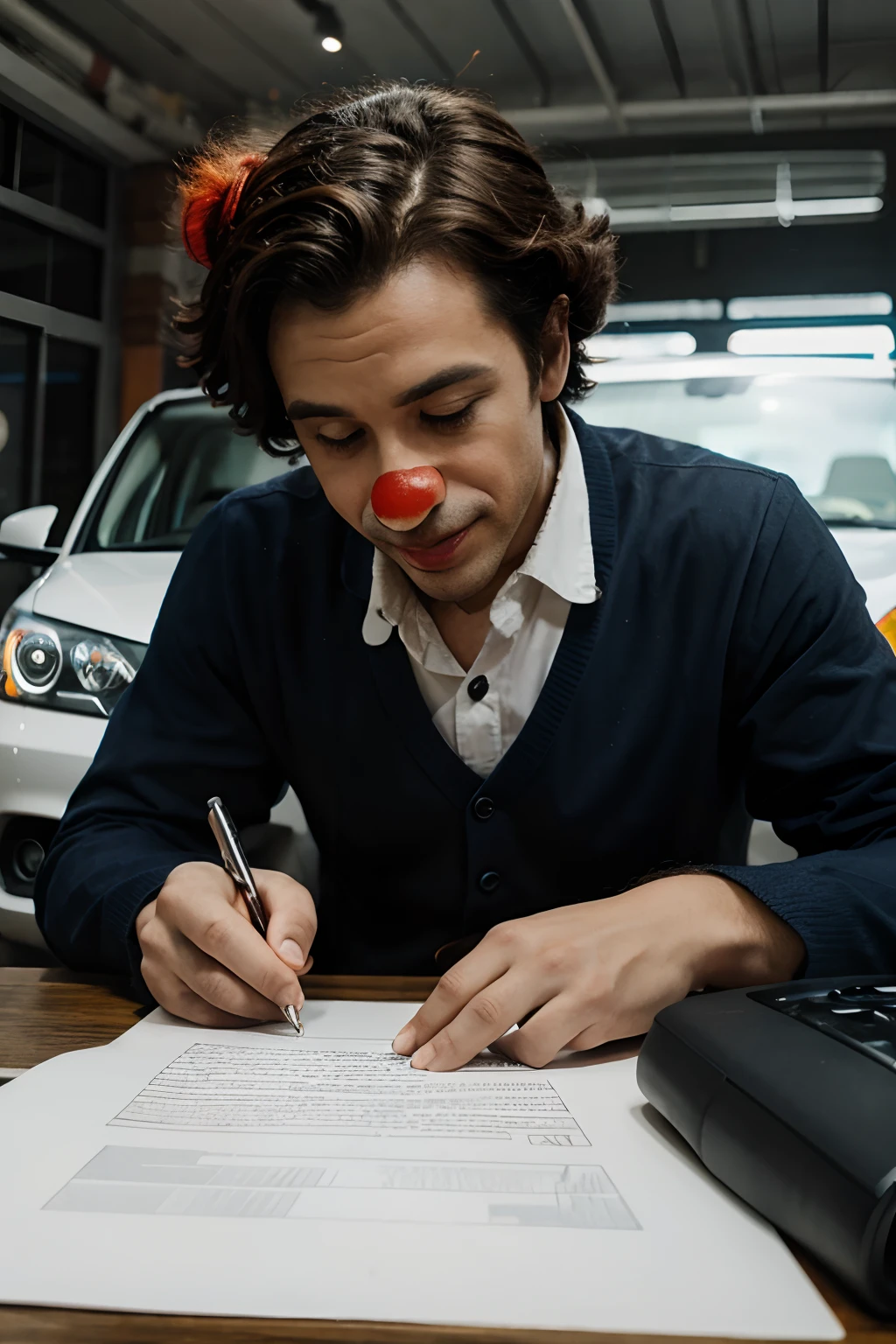 A clown signing a car purchase contract