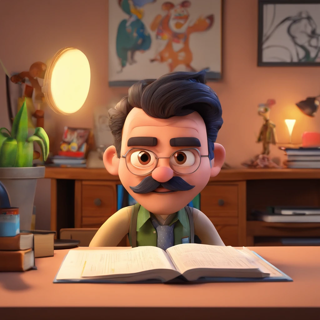 Crie um cartaz inspirado na Disney Pixar com o personagem sendo Pedro Chamochumbi, Um homem de cabelos pretos com raros fios brancos, barba preta e bigode. Ele esta, In an office with innovation books on the table