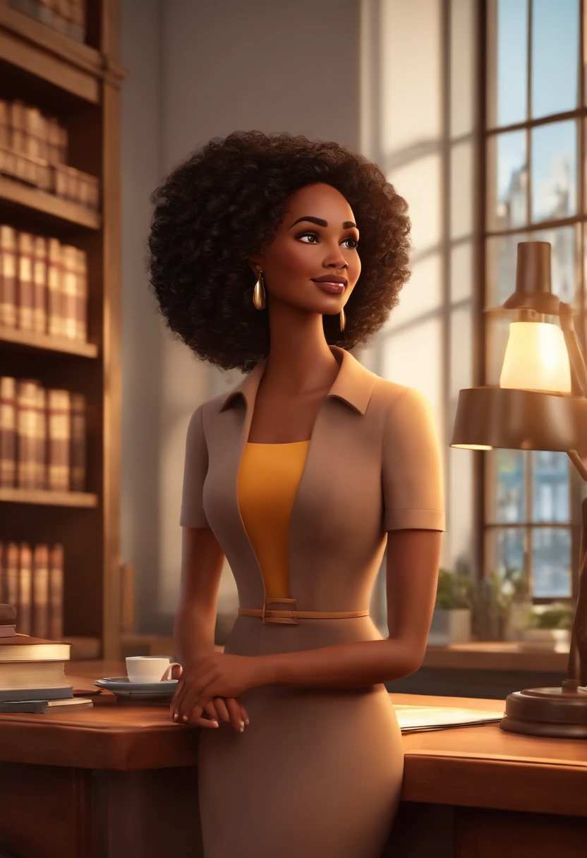Pixar style image with 3D character, a black woman with light skin in a modern dress, she is a real estate agent and is well dressed in the background, a law office with a bookshelf and books with depth, very beautiful, make the adjustments you deem necessary for the better aesthetic she has medium volume curly hair loose brown curls empowered woman, Anos Imane, andrea rocha, inspired by Antonín Chittussi, Magalie Villeneuve, professional image, simone graci, professional image, profile image, high quality image, Tais araujo, inspired by Araceli Gilbert Disney Makeup,Fisherman, cute, smiling,Close-up, Pixar, Disney, Cinema lighting,