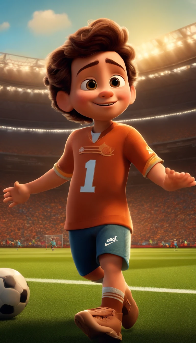 Imagem de um menino em formato Pixar, He's the one , cabelos castanhos, jogando futebol, Background of a stadium, com sol