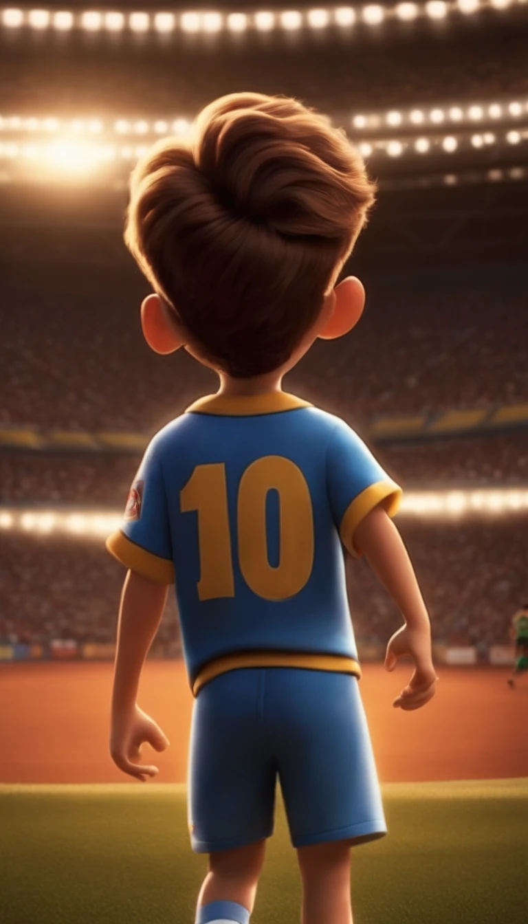 Imagem de um menino  em formato Pixar, He's the  one , cabelos castanhos, jogando futebol, Background of a stadium, com sol