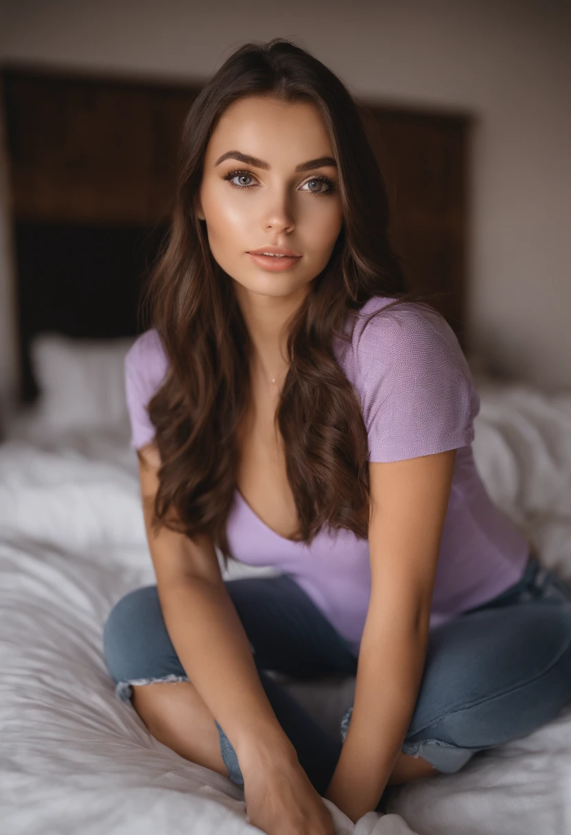 arafed woman with matching tank top and panties, sexy girl with brown eyes, portrait sophie mudd, brown hair and large eyes, selfie of a young woman, bedroom eyes, violet myers, without makeup, natural makeup, looking directly at the camera, face with artgram, subtle makeup, stunning full body shot, in bedroom, big cleavage