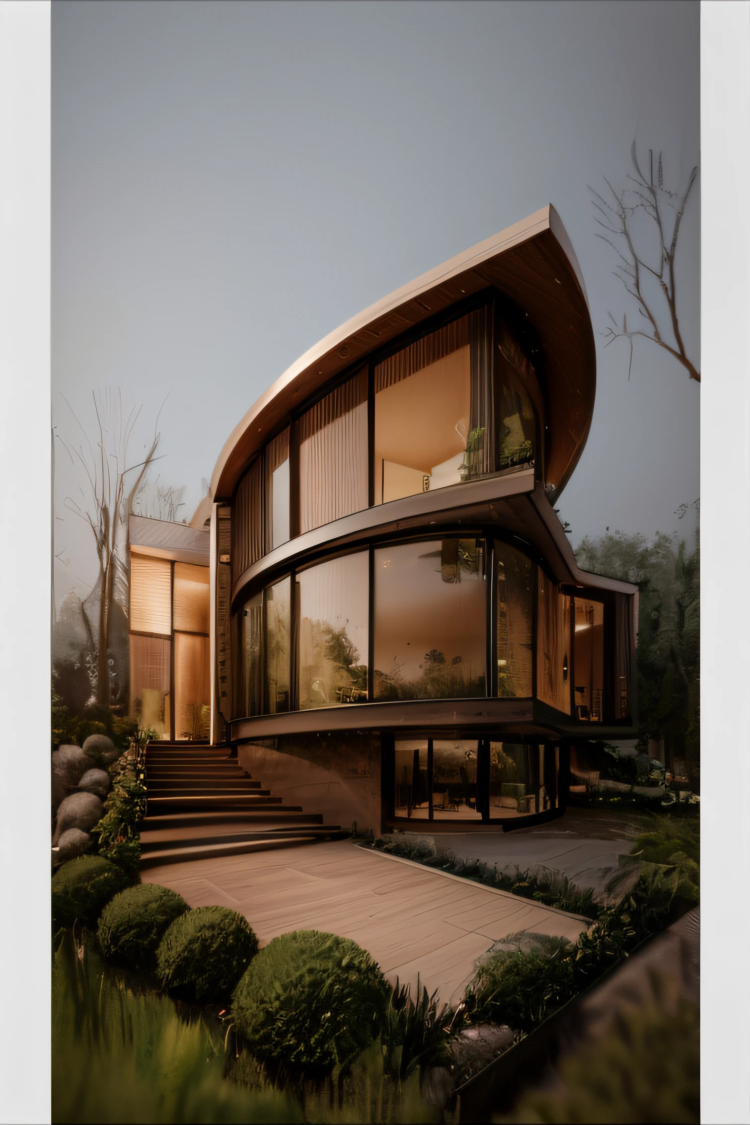 A modern construction for a house in a luxury condominium, Contemporary architecture The look is beautiful with supporting pillars, Acabamento Brisa, Wooded area with trees behind the building, ultra realistic, detalhes intrincados, cinematic lights, 8k