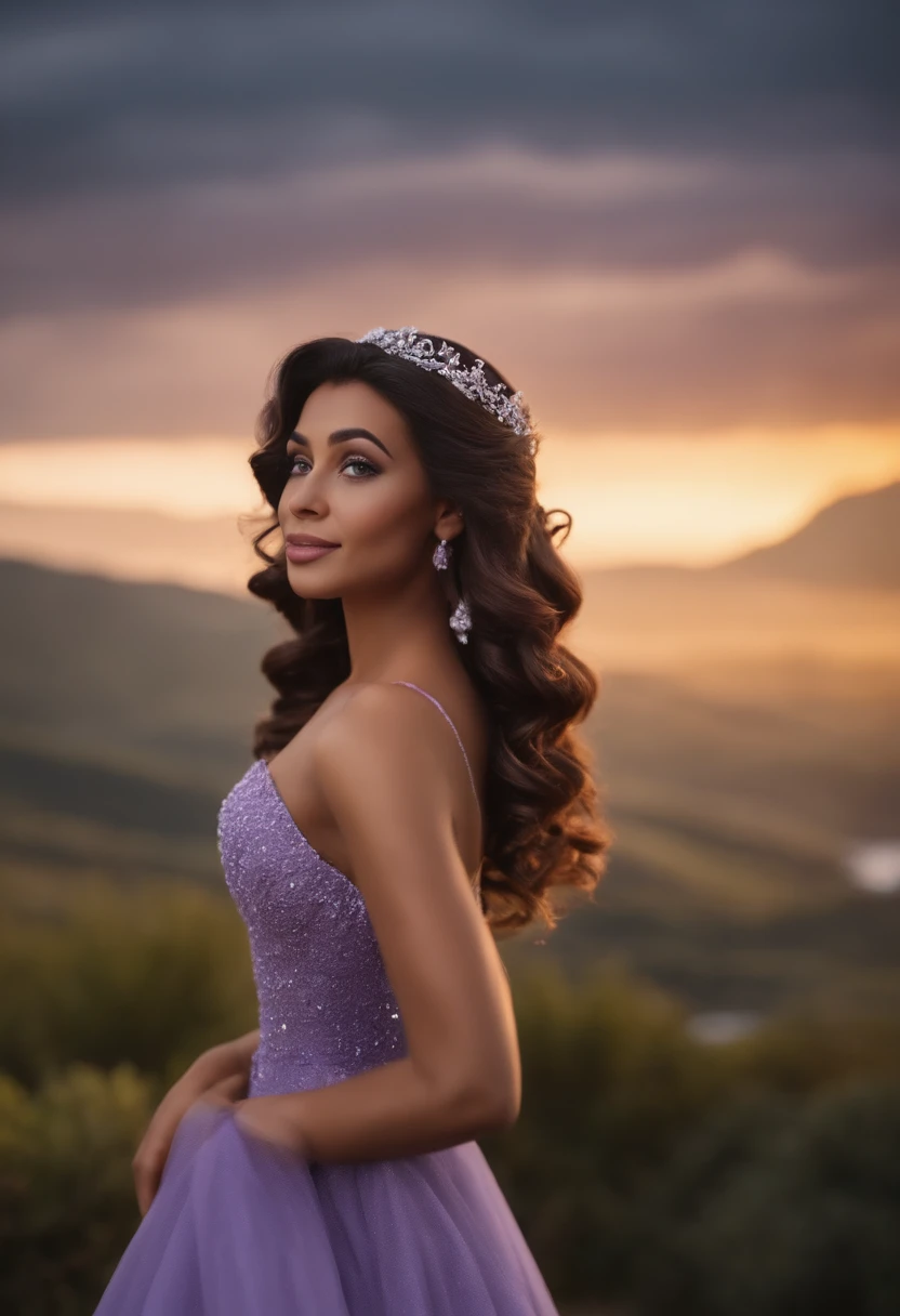 Mulher, estilo disney, tom de pele: morena clara Cabelo: marrom escuro, liso, medium, penteado para o lado direito. Vestido: medium, Lilac color. Fundo: Gray and white gradient,Comemorando, Hands raised, Serious, sorriso de canto, (estilo pixar) (obra-prima:1.2) (bokeh) (melhor qualidade) (pele detalhada) (textura detalhada) (8k) (claymation) (cinematic lighthing) (foco nítido