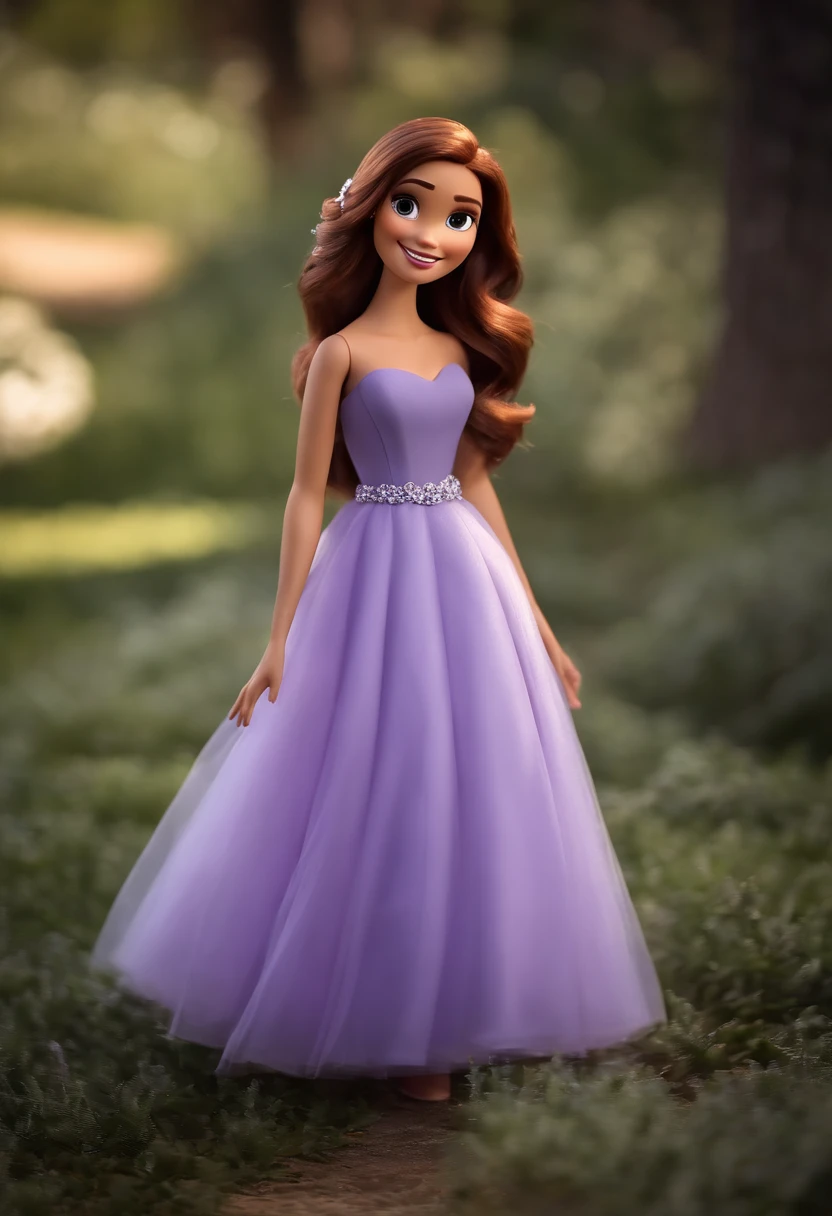 Mulher, estilo disney, tom de pele: morena clara Cabelo: marrom escuro, liso, medium, penteado para o lado direito. Vestido: medium, Lilac color. Fundo: Gray and white gradient,Comemorando, Hands raised, Serious, sorriso de canto, (estilo pixar) (obra-prima:1.2) (bokeh) (melhor qualidade) (pele detalhada) (textura detalhada) (8k) (claymation) (cinematic lighthing) (foco nítido