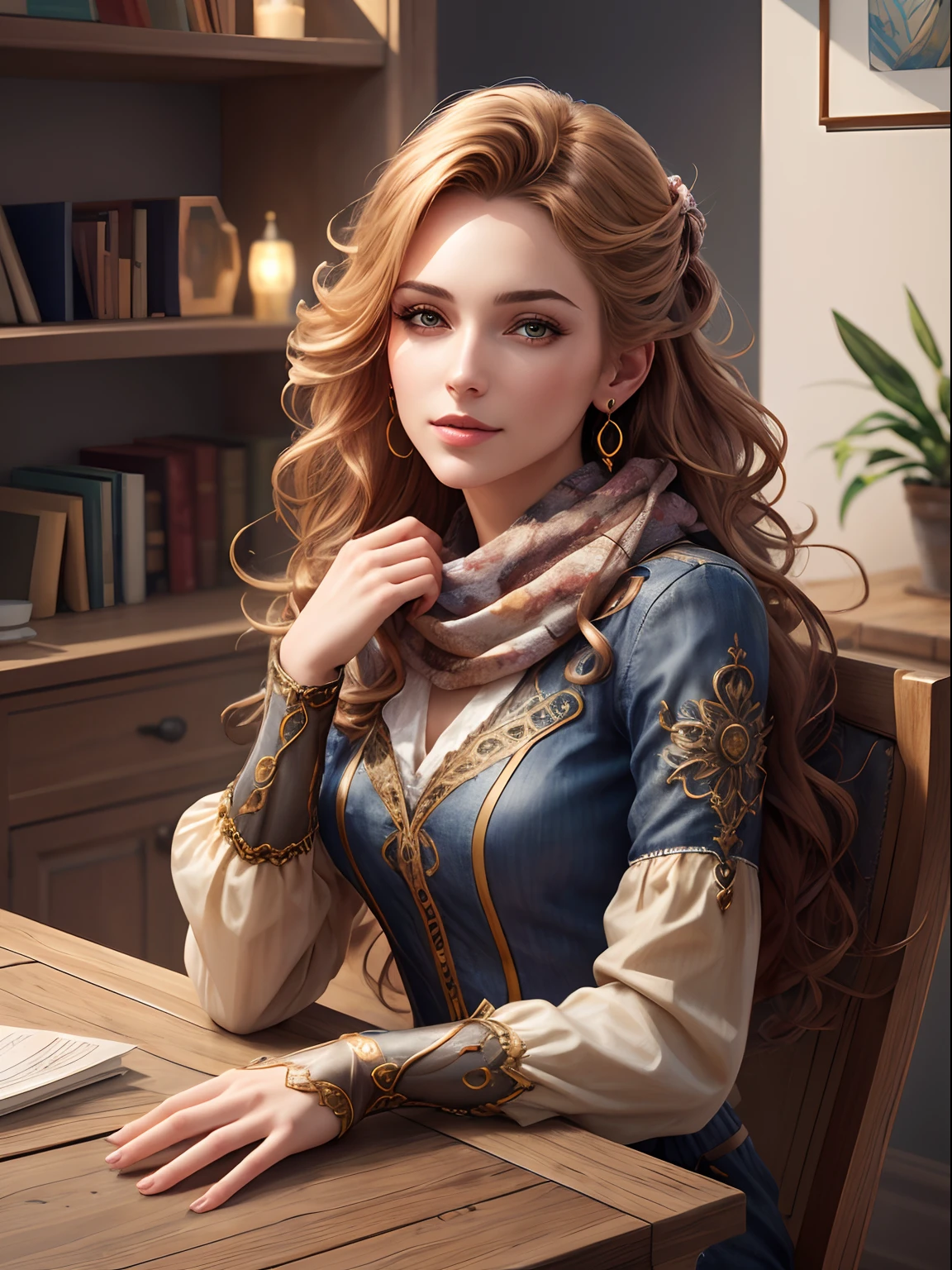 a woman sitting, hands running through hair, extremely detailed, fanart best artstation, 4k fantasy art, style artgerm, Artstation contest winner, artgerm and rossdraws, cute adorable adult human woman, realistic proportions, real adult young woman, earrings, long sleeves, floating hair, pretty face, digital painting, digital arts style, pullover, on a table in a box, strange, funny, comfy, scarf, hands resting on table