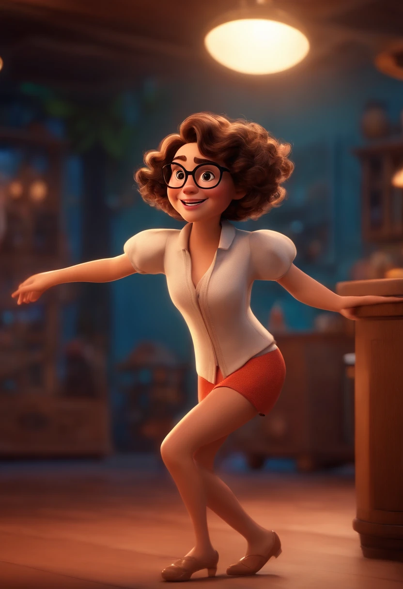 Pixar style image with 3D character white glasses brunette woman short curly hair dancing, Maquiagem Disney,Pescador, bonitinho, sorridente ,Close-up, Pixar, Disney, Cinema lighting,