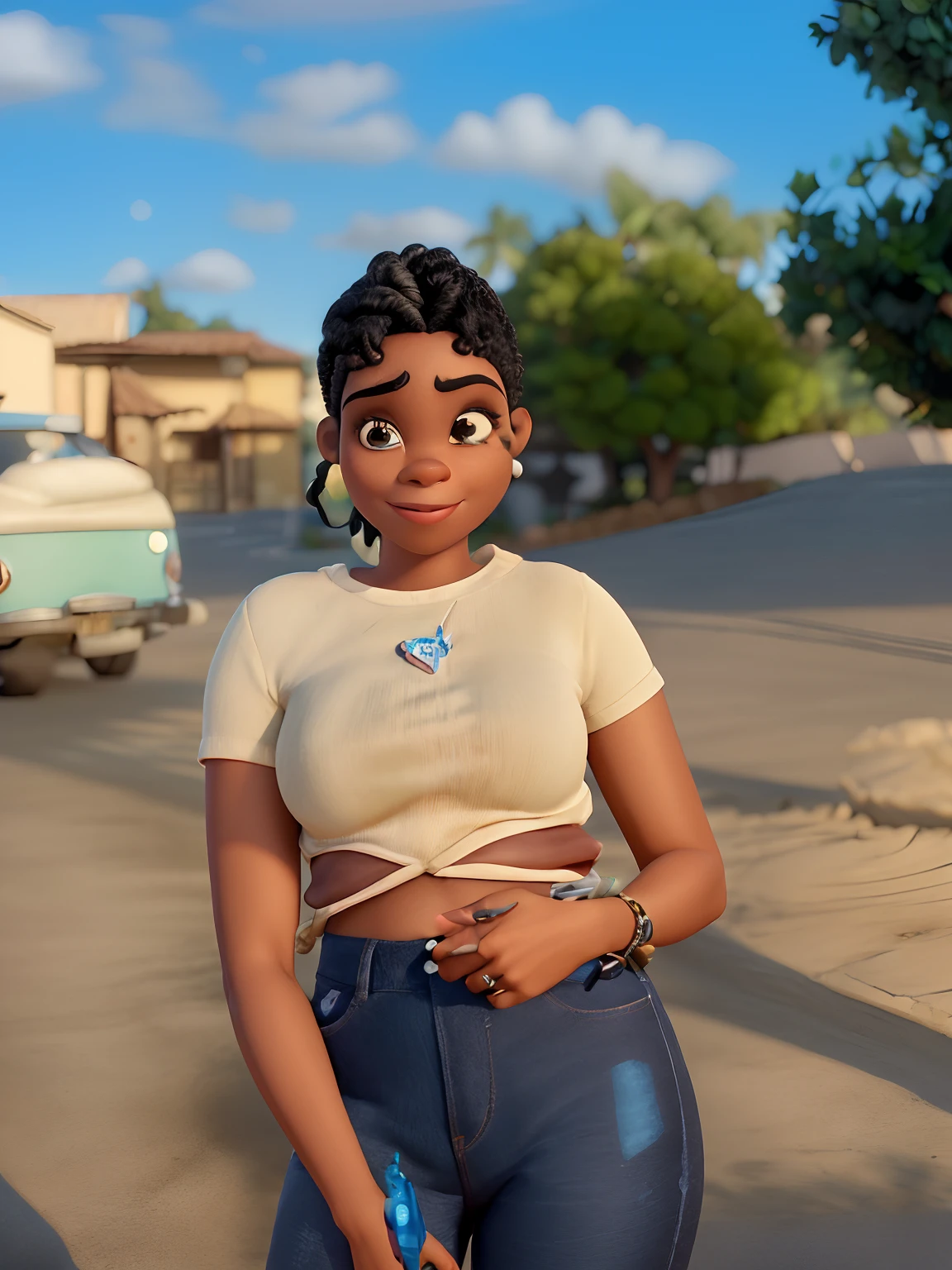Um filme inspirado na Disney Pixar ( NEGRA JOVEM COM CABELO curto CACHEADO PRETO,nariz fino,olhos pequenos) dentro A cena estar na arte distinta do estilo PIXAR, descolada e estilosa