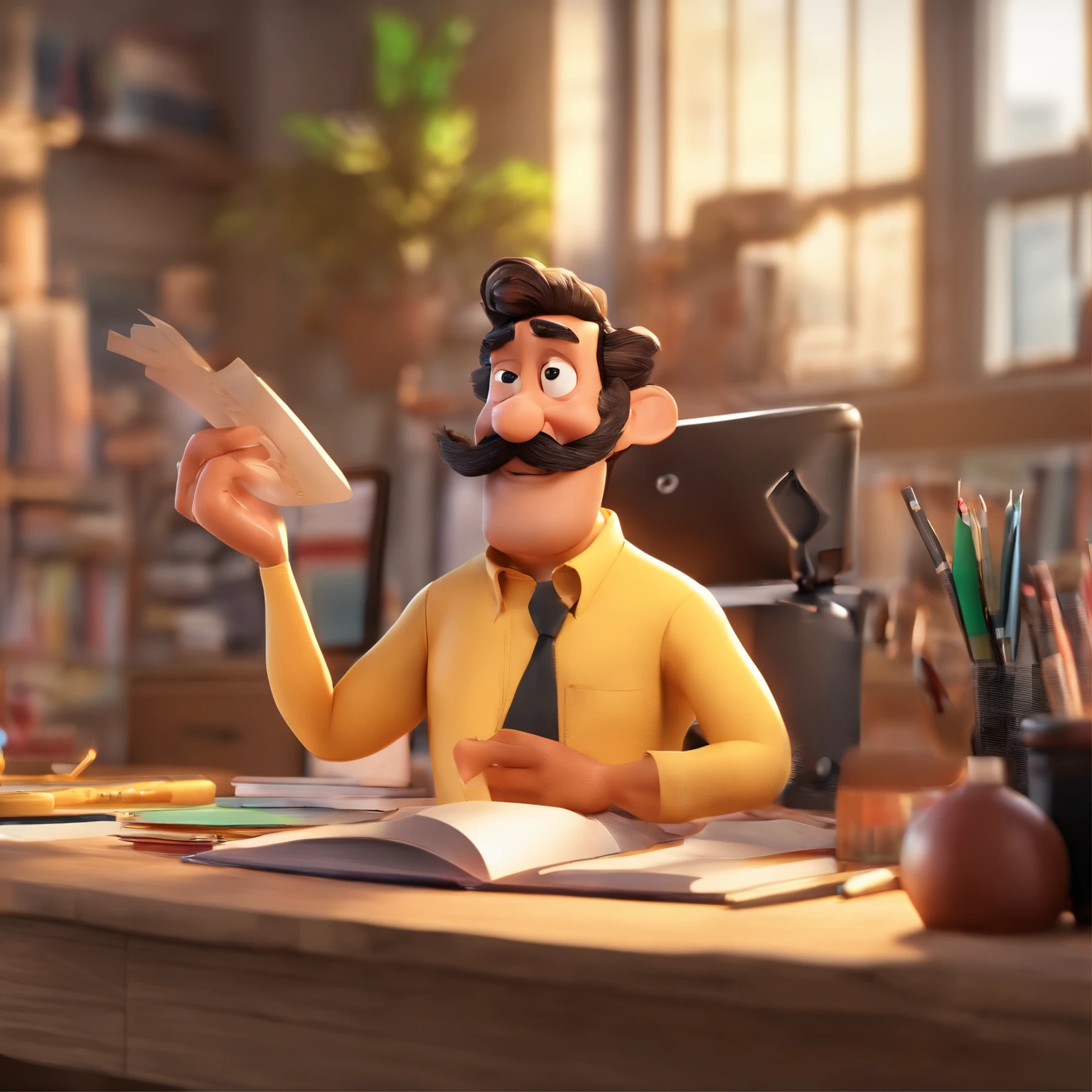 Crie um cartaz inspirado na Disney Pixar com o personagem sendo Pedro Chamochumbi, Um homem de cabelos pretos com raros fios brancos, barba preta e bigode. Ele esta, In an office with innovation books on the table