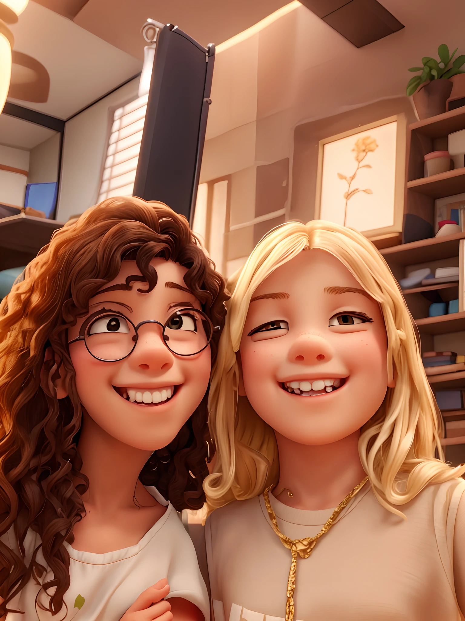 A child smiling next to a curly haired girl smiling