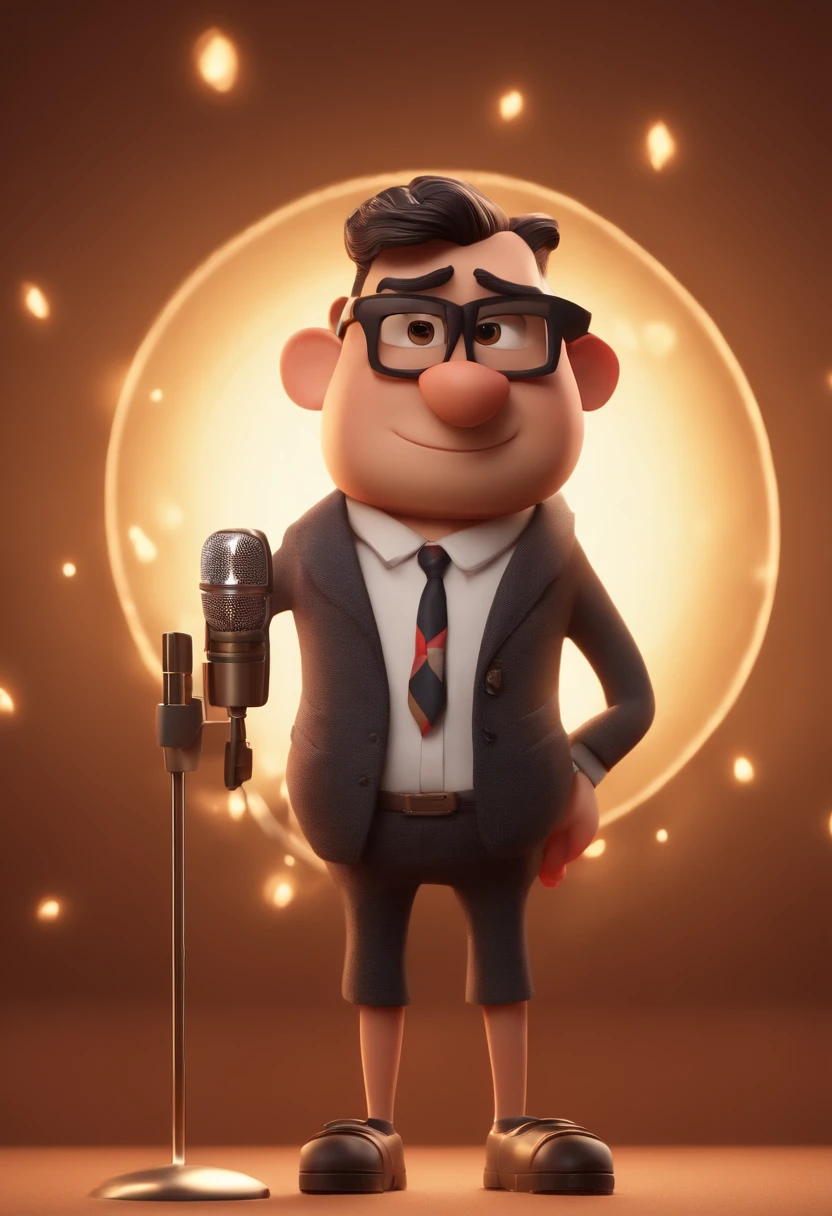 Cartoon character of a man wearing black glasses and a flowery shirt, With a microphone in his hand in a theater , um personagem animado, Caractere estilizado, animation style rendering, 3D estilizado, Arnold Maya render, 3 d render stylized, toon render keyshot, Personagem 3D, Personagem 3D, 3d rendering stylized, 3 d character render, personagem de desenho animado, Personagem de close up, Pose de personagem, (Estilo Pixar) (master part:1.2) (Bokeh) (melhor qualidade) (pele detalhada) (textura detalhada) (8k) (argila) (Cinematic lighting) (foco nítido，Senta e vaza a parte superior do corpo