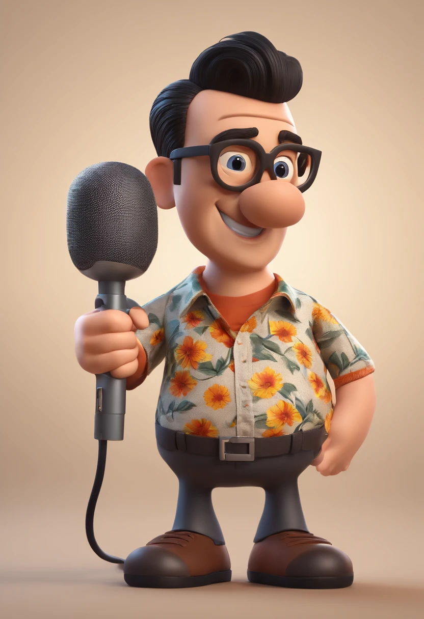 Cartoon character of a man wearing black glasses and a flowery shirt, With a microphone in his hand in a theater , um personagem animado, Caractere estilizado, animation style rendering, 3D estilizado, Arnold Maya render, 3 d render stylized, toon render keyshot, Personagem 3D, Personagem 3D, 3d rendering stylized, 3 d character render, personagem de desenho animado, Personagem de close up, Pose de personagem, (Estilo Pixar) (master part:1.2) (Bokeh) (melhor qualidade) (pele detalhada) (textura detalhada) (8k) (argila) (Cinematic lighting) (foco nítido,Senta e vaza a parte superior do corpo