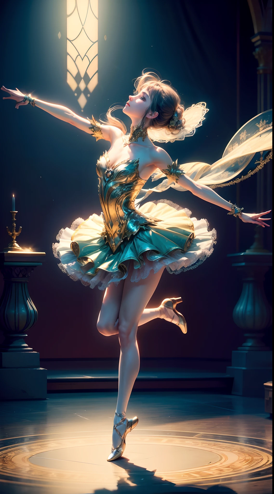 (Best quality,4K,8K,A high resolution,Masterpiece:1.2),Ultra-detailed,Mechanical ballet dancer,Classical ballet performance,Mechanical limbs,Beautiful ballet movements,Precise pointe work,Elegant tutu and pointe shoes,Soft and flowing tutu,Ethereal atmosphere,Magical stage lighting,Vivid colors,Sparkling tiara,Airborne ballet dancers,Superb mechanical joint movement,Dance in a surreal garden,Rotate spin,Breathtaking arabesque,Elegant leapfrog development,Light jump,Enchanted expression,Decorated stage with gears and gears,Mechanical wings,A calm and delicate posture,Elaborate gears,Precise synchronization of movements,Smooth and seamless transitions between dance sequences,Mesmerizing and captivating performances,Ethereal musical accompaniment,A mechanical marvel in motion,Mesmerizing pointe technique,Floating and weightless movements,Delicate and precise footwork,Exquisite balance and control.