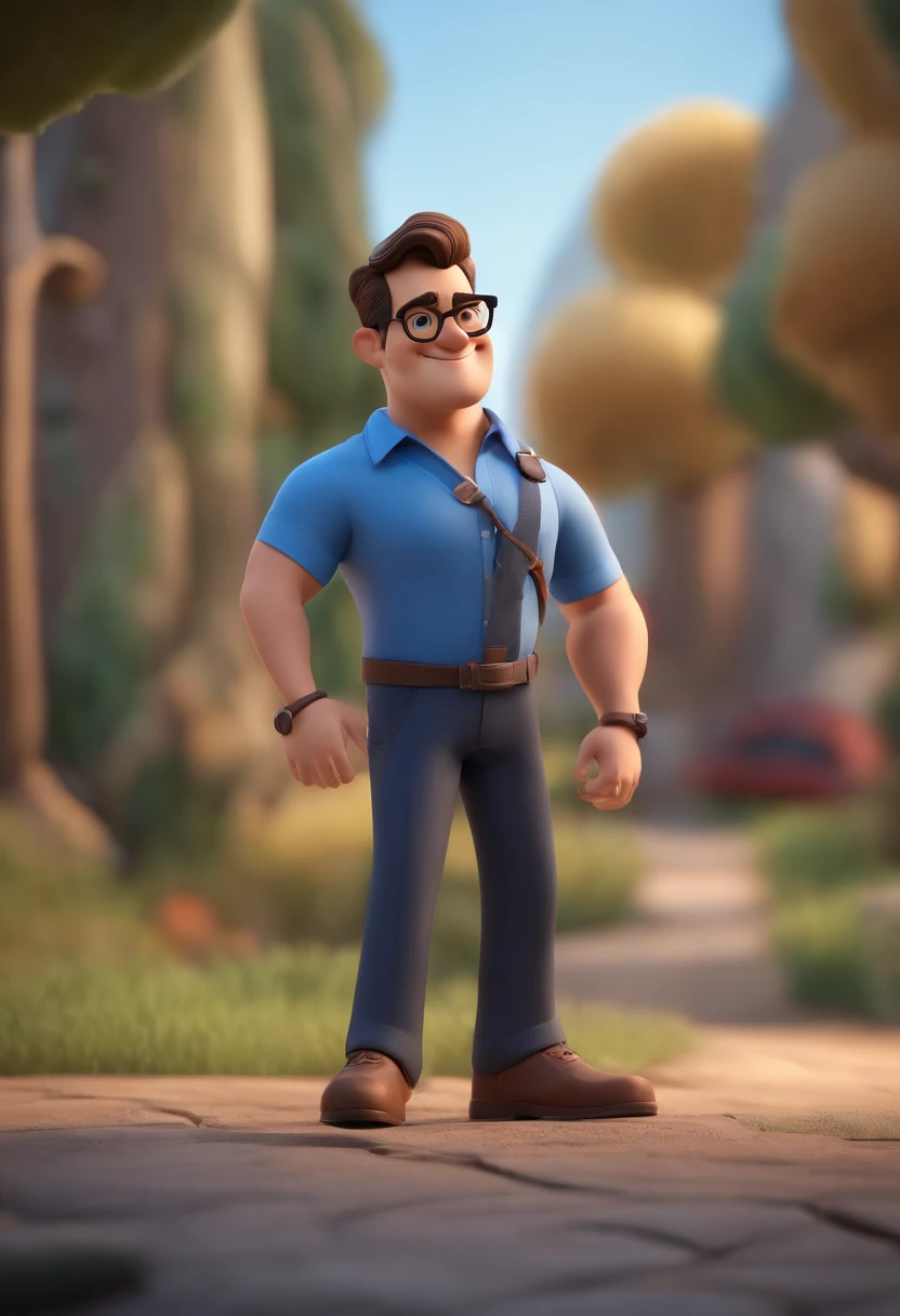 Cartoon character of a man wearing black glasses and a blue shirt, um personagem animado, Caractere estilizado, animation style rendering, 3D estilizado, Arnold Maya render, 3 d render stylized, toon render keyshot, Personagem 3D, Personagem 3D, 3d rendering stylized, 3 d character render, personagem de desenho animado, Personagem de close up, Pose de personagem, (Estilo Pixar) (master part:1.2) (Bokeh) (best quality) (pele detalhada) (textura detalhada) (8k) (argila) (Cinematic lighting) (foco nítido,Senta e vaza a parte superior do corpo