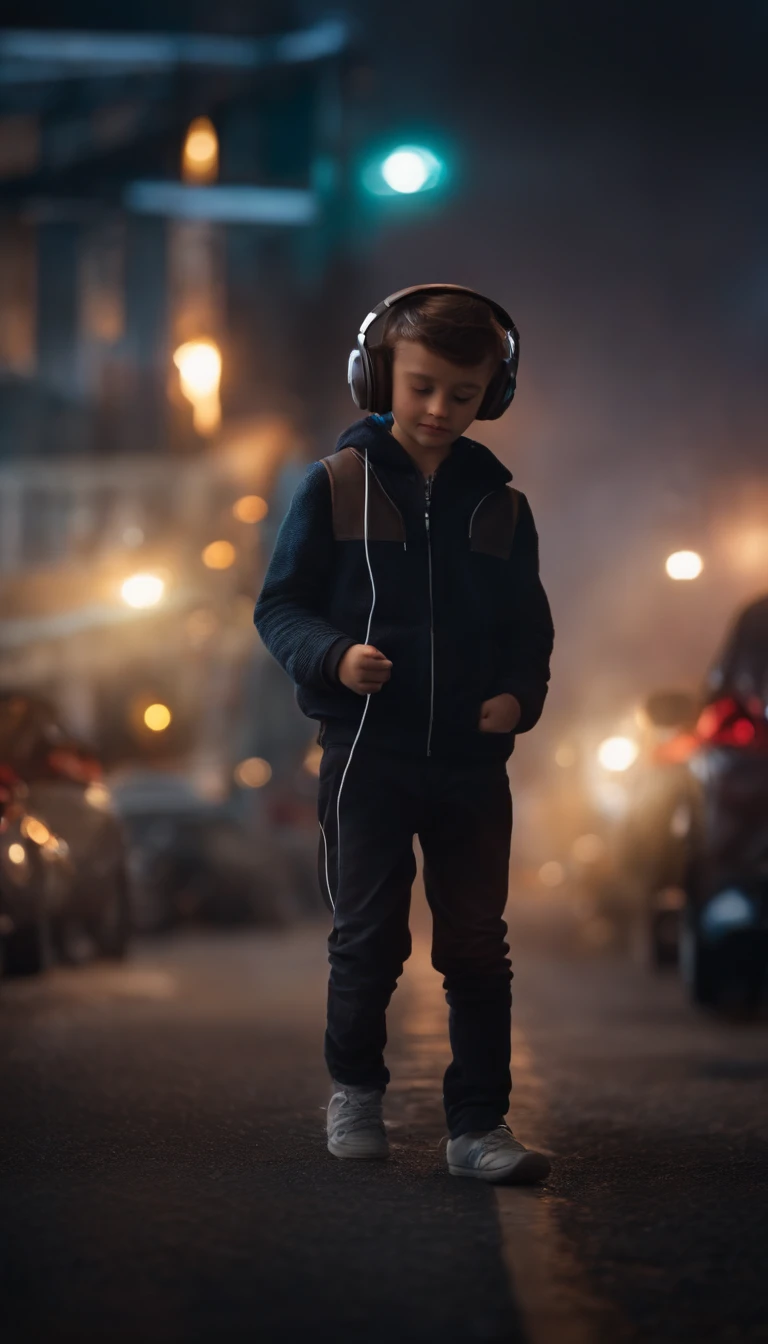 A dark and moody atmosphere surrounds a boy with a passion for music, his headphones serving as his only connection to the outside world.