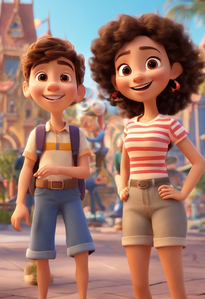 Cartoon of friends having fun on vacation together,  3D Animation Movie Poster, Poster de filme animado, pixar 3 d animation style, pixar renderman rendering, maia 8 mil, animated film, Disney Pixar Estilo 3D, amigos felizes saem juntos, all wearing light blue shirts and cream brown long pants, camisa azul clara, cream brown pants, ao ar livre, vacation, Disney Pixar Animation Poster
