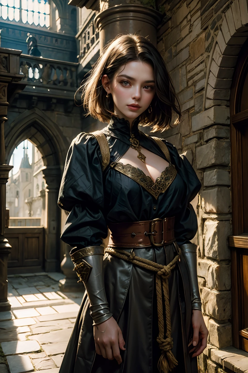 [Beautiful girl in medieval outfit, cheap ripped linen shirt and pants, oil painting, Detailed facial features, dark short hair, big breastes, castle on the background, Sun light, bright colours, dramatic  lighting, expressive eyes and lips, High Resolution, 4K quality, Photorealistic], Rope Binds Hands, There is a gag in the mouth.