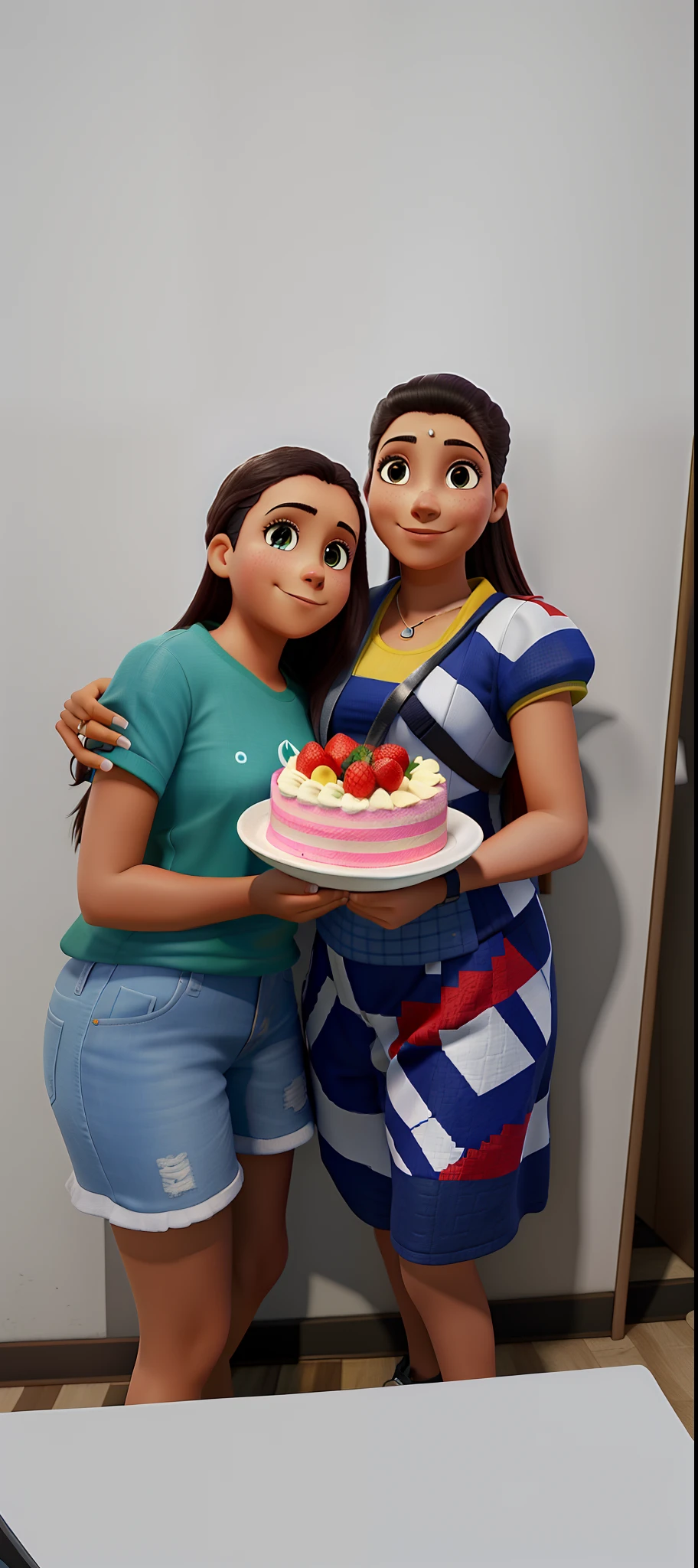 Uma bruxa fofa da Pixar em uma biblioteca da Pixar, Pixar, luz solar, fundo de cor quente. A woman and a girl with a birthday cake