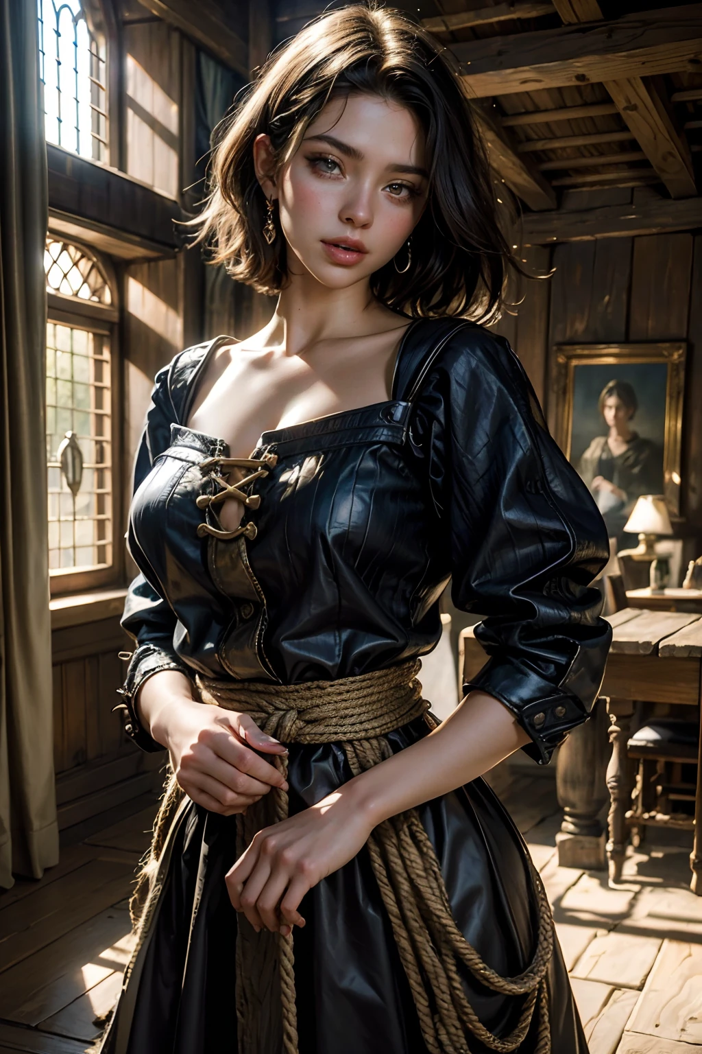 [Beautiful girl in medieval outfit, cheap ripped linen shirt and pants, oil painting, Detailed facial features, dark short hair, big breastes, castle on the background, Sun light, bright colours, dramatic  lighting, expressive eyes and lips, High Resolution, 4K quality, Photorealistic], Rope Binds Hands, There is a gag in the mouth.