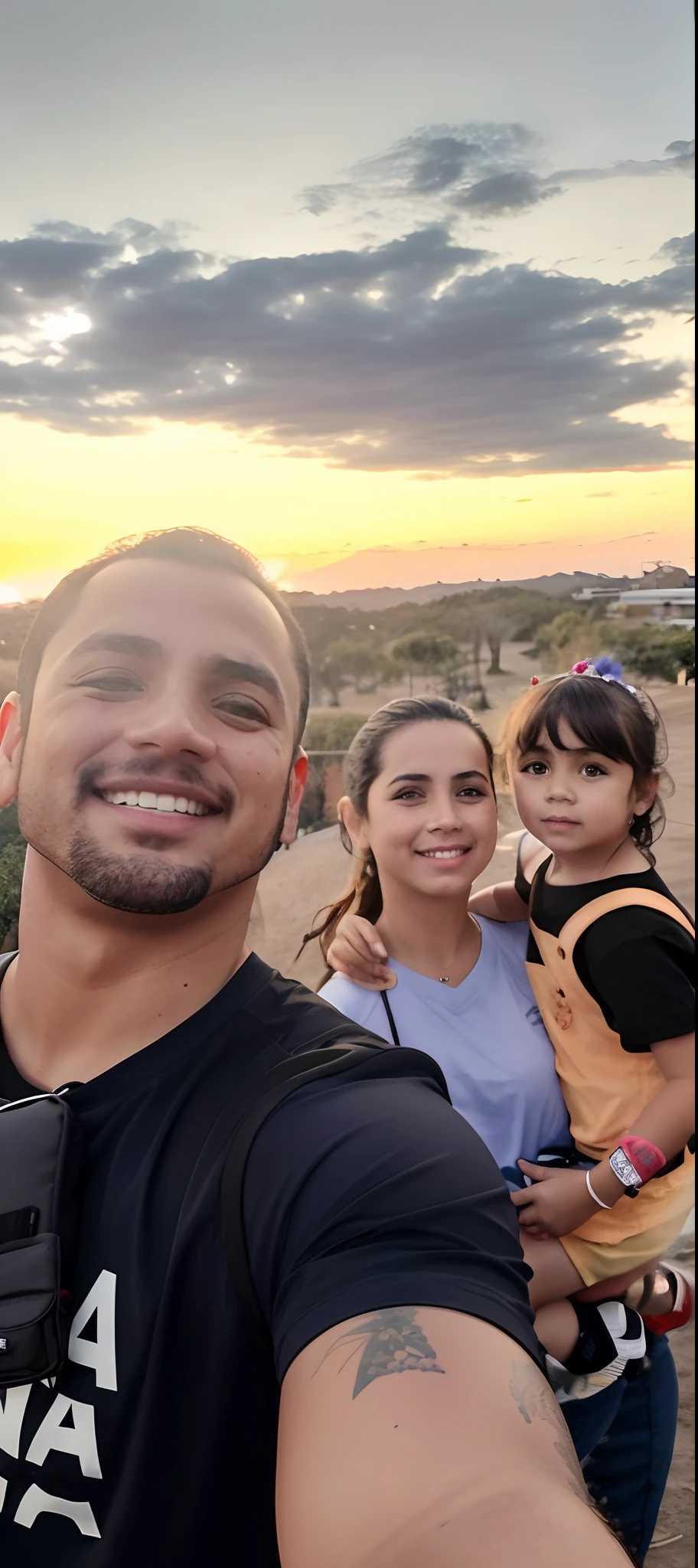 There are three people taking selfie with a , Parque em segundo plano, Colinas ao fundo, com um parque ao fundo, during sunset, imagem de perfil, in the sunset, with sunset, Fotografia selfie 8k, portrait of family of three, com montanhas como pano de fundo, Happy family, com montanhas ao fundo, com montanhas no fundo, Karla Ortiz