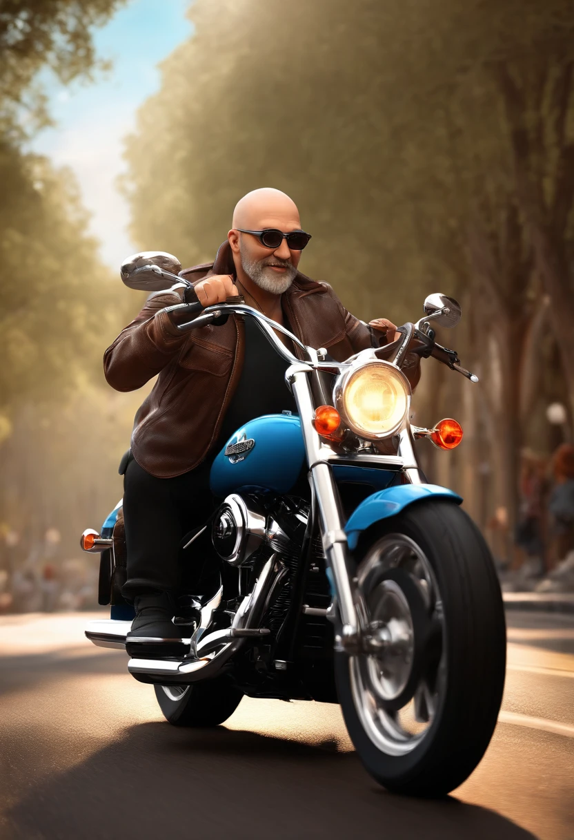 (Best quality, 3D rendering: 1.2), 40-year-old man, bald, with low beard, with glasses riding a Harley Davidson 883, Disney Pixar Style Poster, motorcycle, 3d illustration, vibrant colors, adventure, Travel, dynamic pose, excitement, young spirit, speed, wind blowing, detailed rendering, show the wisdom and energy of the character, nostalgic atmosphere.