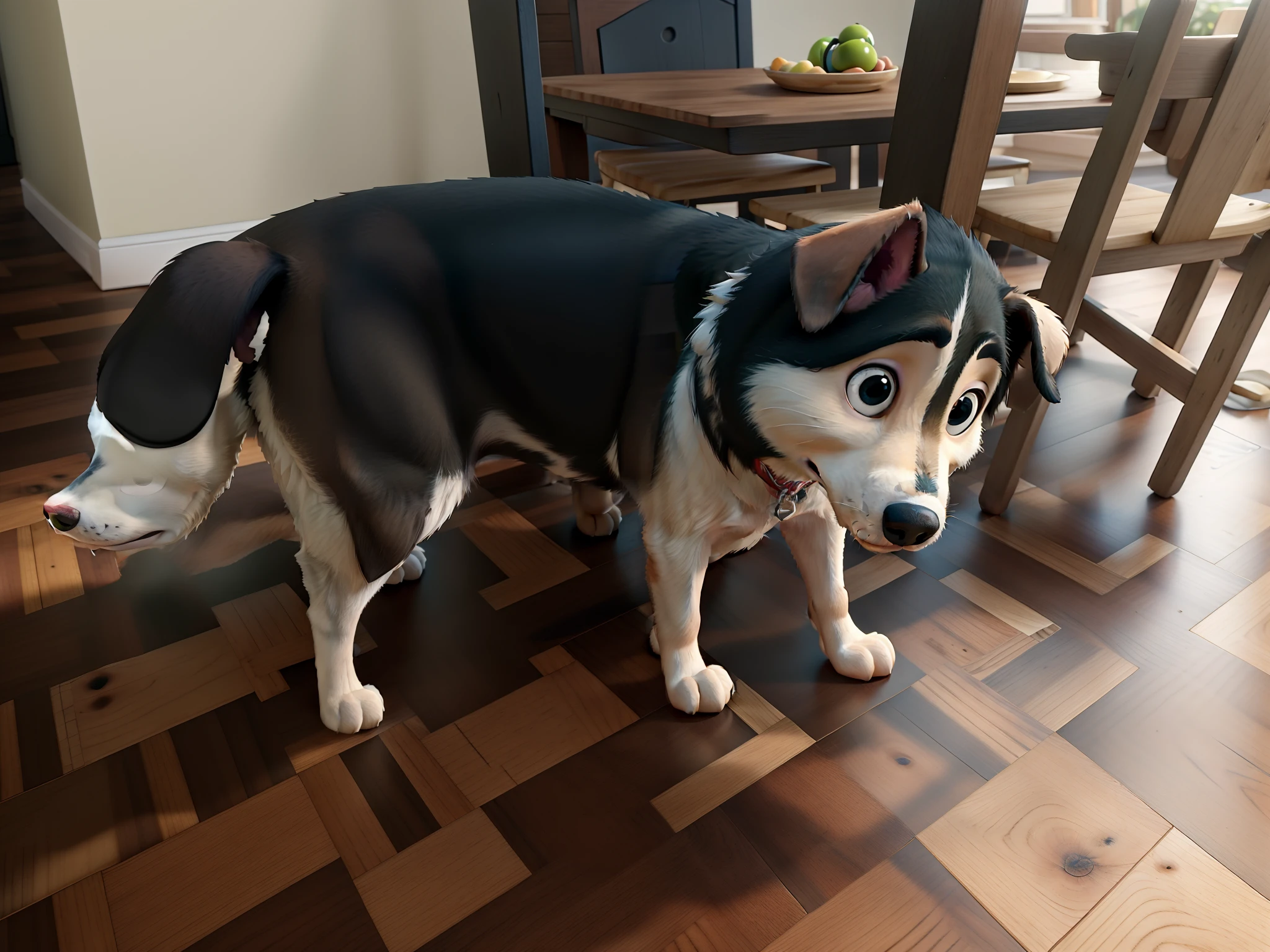 A dog on a wooden floor in the background, a table and chairs around it, disney pixar style, alta qualidade, melhor qualidade