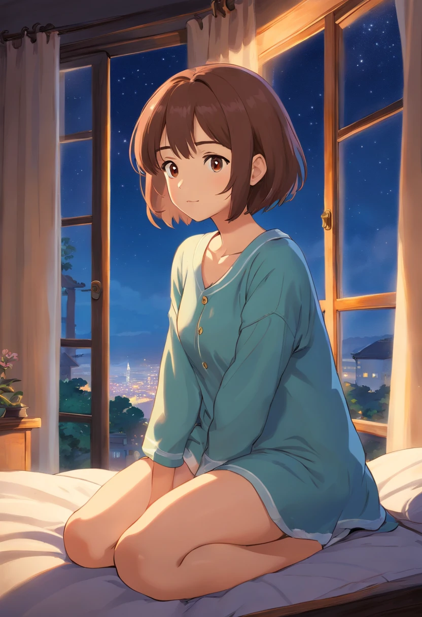 A photorealistic picture of a young girl in a cozy room, sitting on a windowsill with her back against the cool, textured glass. The early morning sun casts a warm, golden glow on her perfect, porcelain skin, causing a faint blush to spread across her cheeks. Her shiny, chestnut-brown hair falls in soft waves down her shoulders, framing her sweet, beautifully shaped face. Her bright, sparkling blue eyes are fixed on the breathtaking view of the sunrise outside, a small, contented smile gracing her lips as she absorbs the beauty of the moment. Dressed in a soft, flowing, white blouse and matching cotton pants, she looks as if