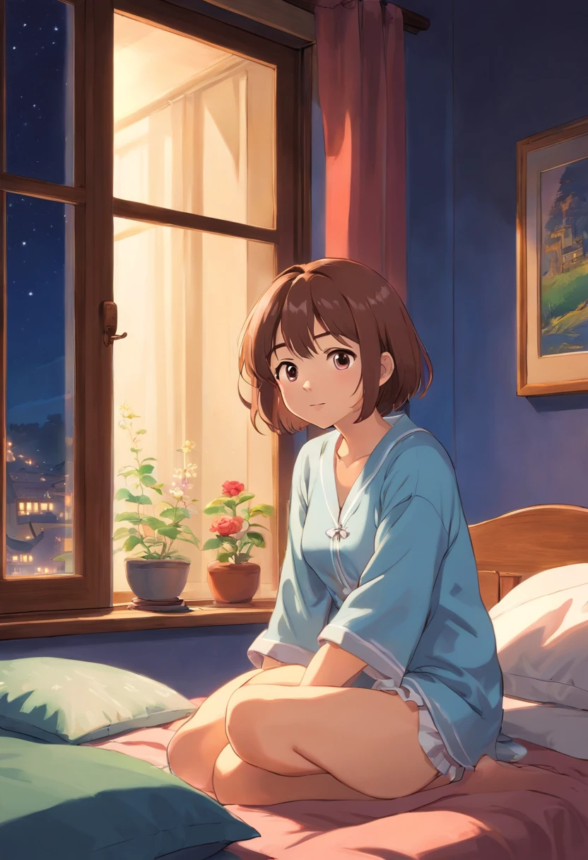 Best Quality、Night view outside the window、Light brown skin、s Pajamas、cleavage of the breast、short-hair、femele、独奏、Very cute、、Midnight、Brown hair、、I want to blush、bending forward、Bedroom、Wink、twinkling、Kamimei、Sit on the bed、Girl sitting