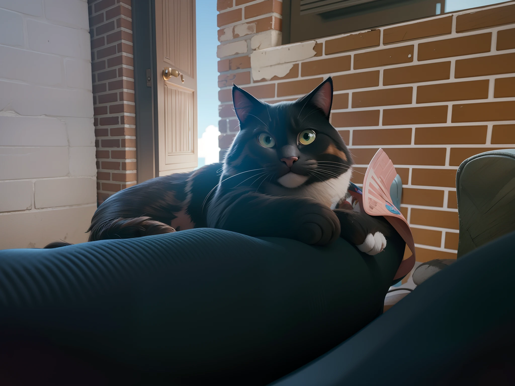 Estilo pixar, gato deitado nas pernas torneadas de uma mulher