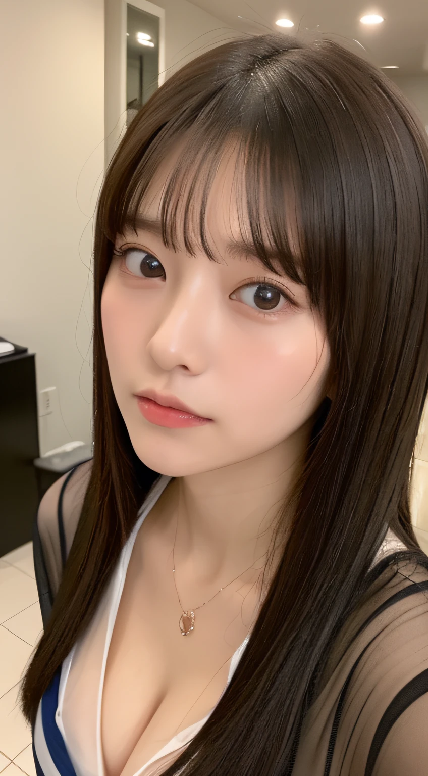 ((top-quality、8K、​masterpiece:1.5))、One girl、(Unhealthy face)、(Letter to)、Blunt bangs、(Lots of bangs:1.3)、(full body Esbian:1.4)、(Symmetrical face)、hyperdetailed face、Ultra detailed mouth、A detailed eye、Detailed ears、Slim Faces、(selfee:1.3)、(off shoulders)、(Armpit)、(Looking Up)、(From  above)、(Straight long hair、Ahoge:1.3)、(Upper Eyes)、the background is blurred、(Sheer shirt:1.3)、(I can see the cleavage:1.1)、lipgloss、(Beauty Salon)、(turning off lights)、