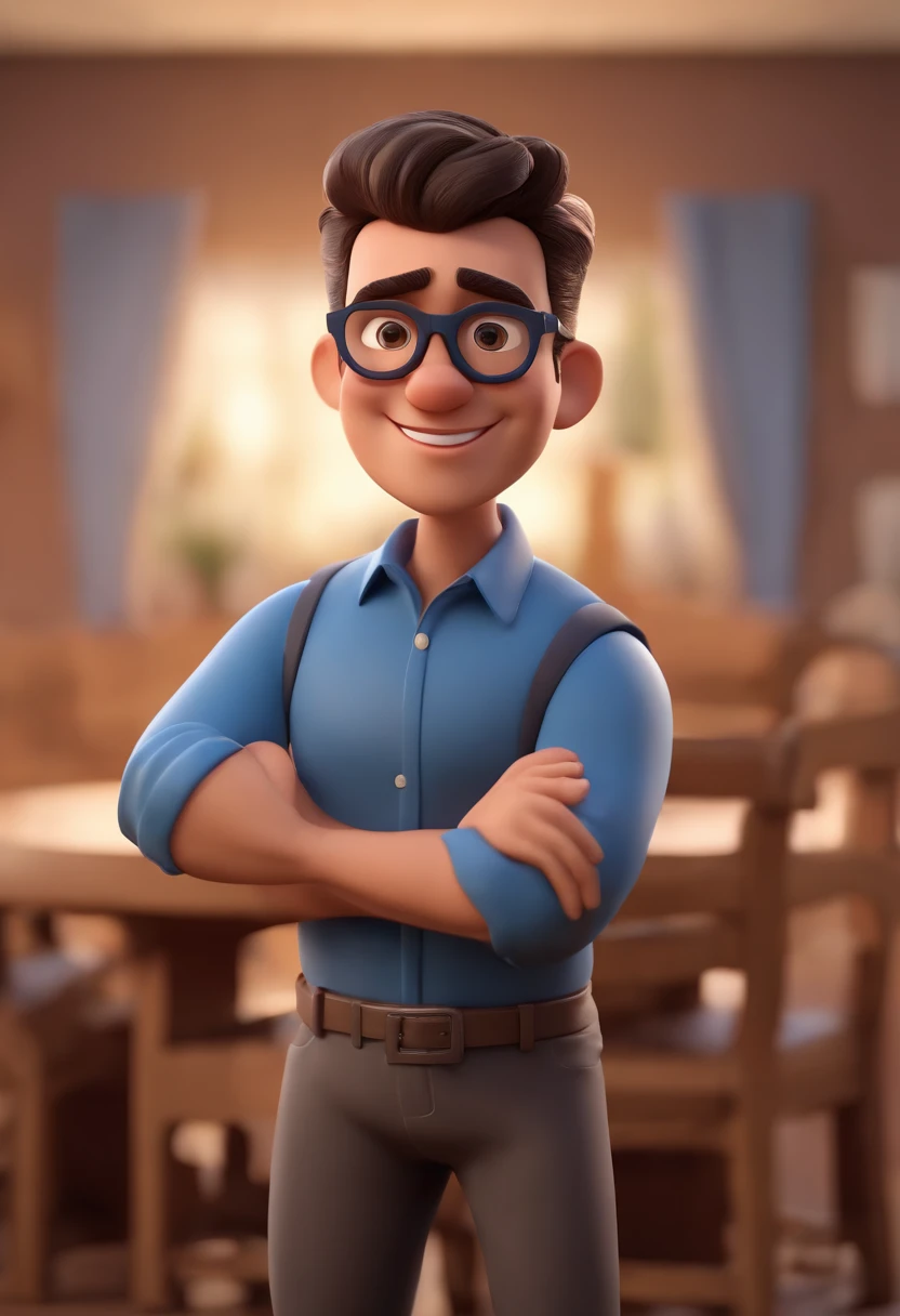 Cartoon character of a man wearing black glasses and a blue shirt, um personagem animado, Caractere estilizado, animation style rendering, 3D estilizado, Arnold Maya render, 3 d render stylized, toon render keyshot, Personagem 3D, Personagem 3D, 3d rendering stylized, 3 d character render, personagem de desenho animado, Personagem de close up, Pose de personagem, (Estilo Pixar) (master part:1.2) (Bokeh) (best quality) (pele detalhada) (textura detalhada) (8k) (argila) (Cinematic lighting) (foco nítido，Senta e vaza a parte superior do corpo