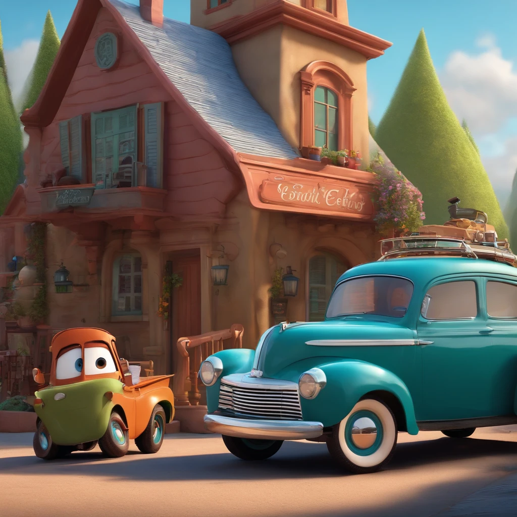 fundo branco, pixar desenhos animados 3D, Man with old cars behind , ::estilo pixar cartoon