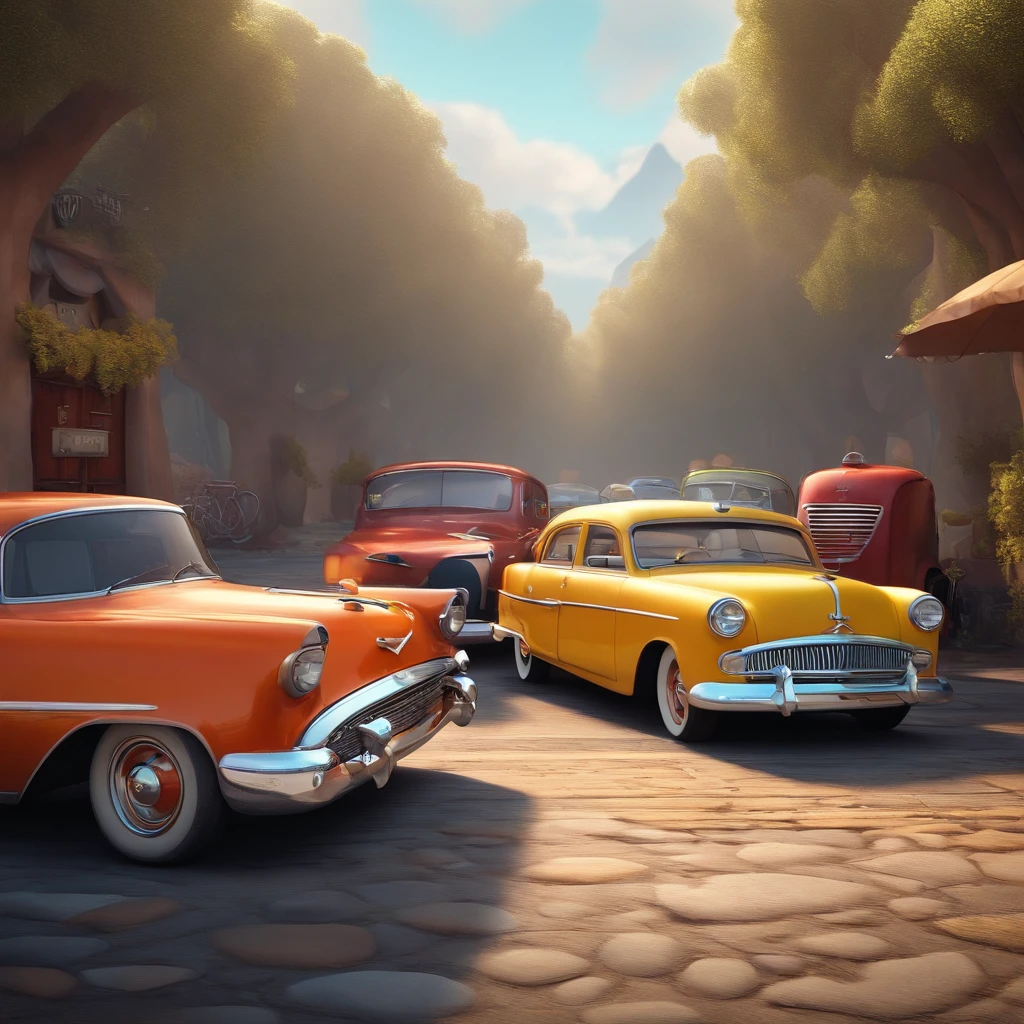 fundo branco, pixar desenhos animados 3D, Man with old cars behind , ::estilo pixar cartoon