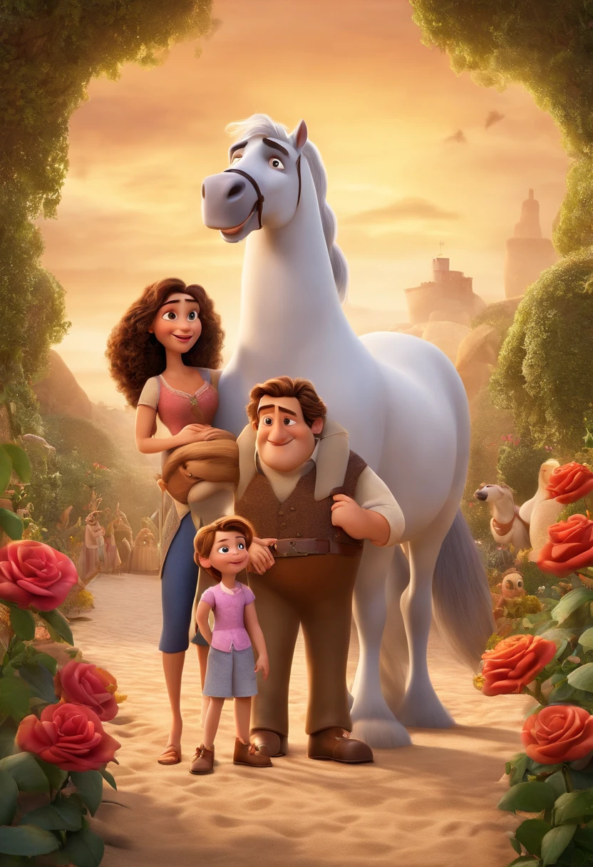 a Disney Pixar movie poster showing a white-skinned family. The father is the tallest, Tem barba curta, loiro, cabelos curtos e espinhosos. The mother has brown eyes and hair, shoulder-length and is slightly overweight. A menina tem 4 anos e cabelos castanhos, roupa rosa e rabos de cavalo. The background is a beach garden. 3D-rendering