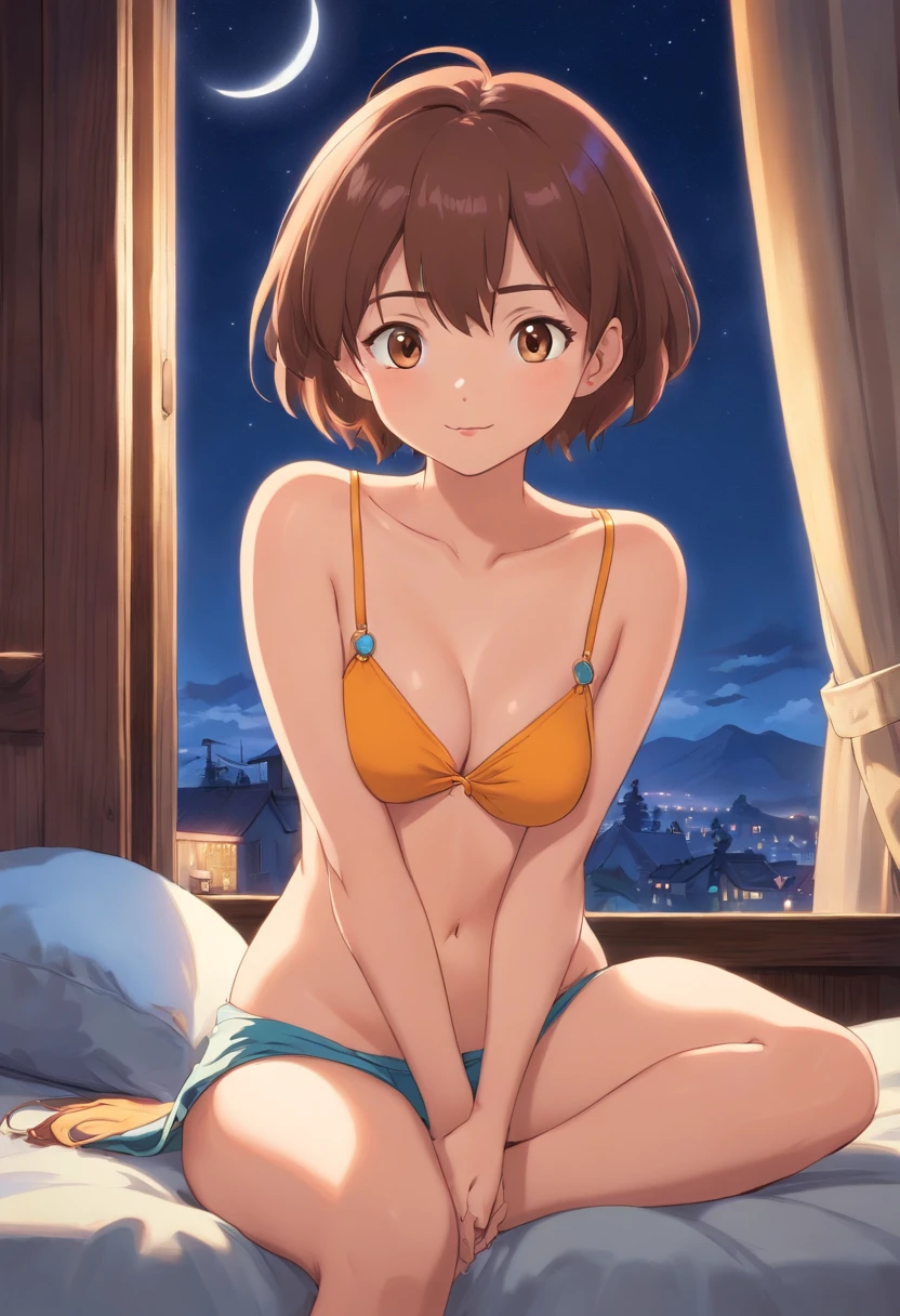 Best Quality、Night view outside the window、Light brown skin、bikini、cleavage of the breast、short-hair、femele、独奏、Very cute、、Midnight、Brown hair、、I want to blush、bending forward、Bedroom、Wink、twinkling、Kamimei、Sit on the bed、Girl sitting
