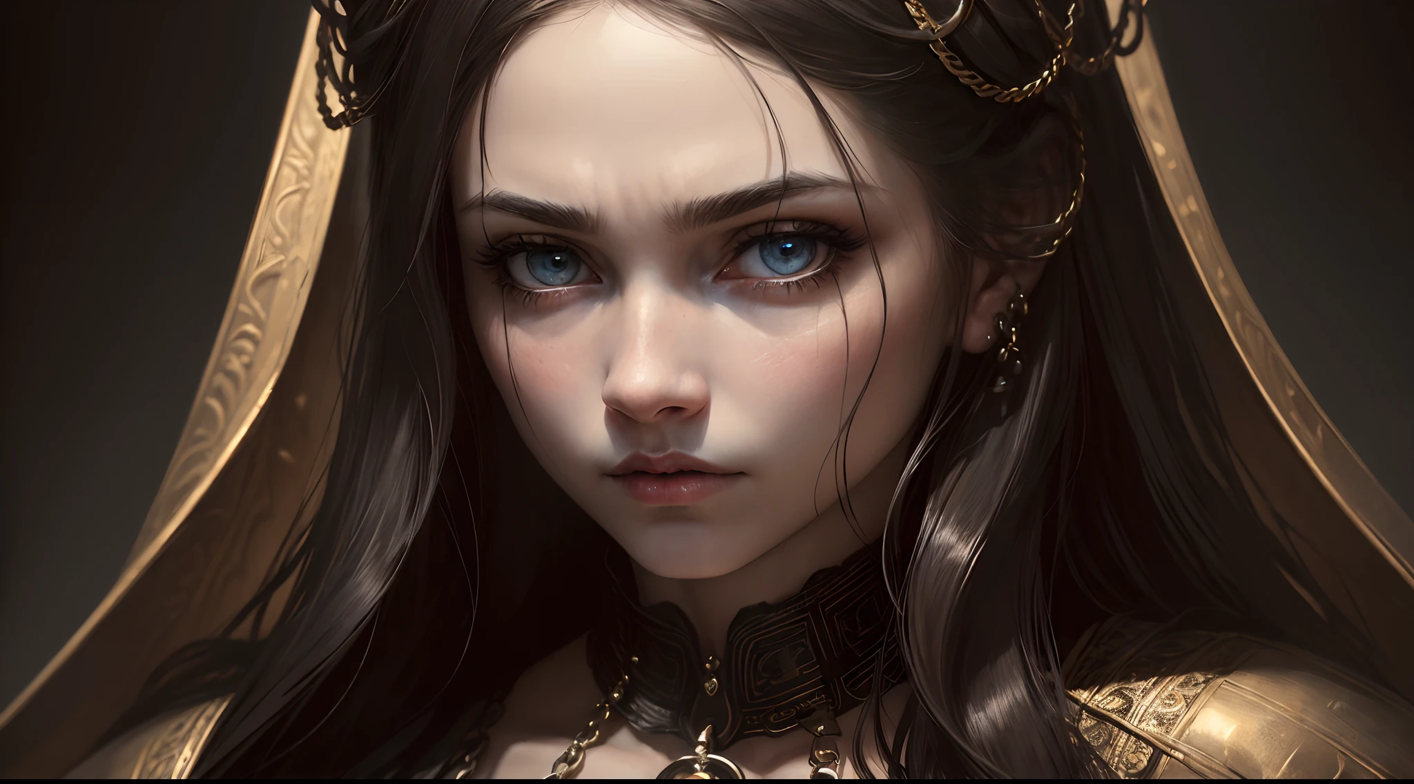 (highres,masterpiece:1.2),A woman in chains,beautiful detailed eyes,beautiful detailed lips,long hair,sad expression,dramatic lighting,soft focus,rembrandt style,metallic chains,dark background,dramatic portrait,high contrast,emotion,intense gaze,contrast,classic art